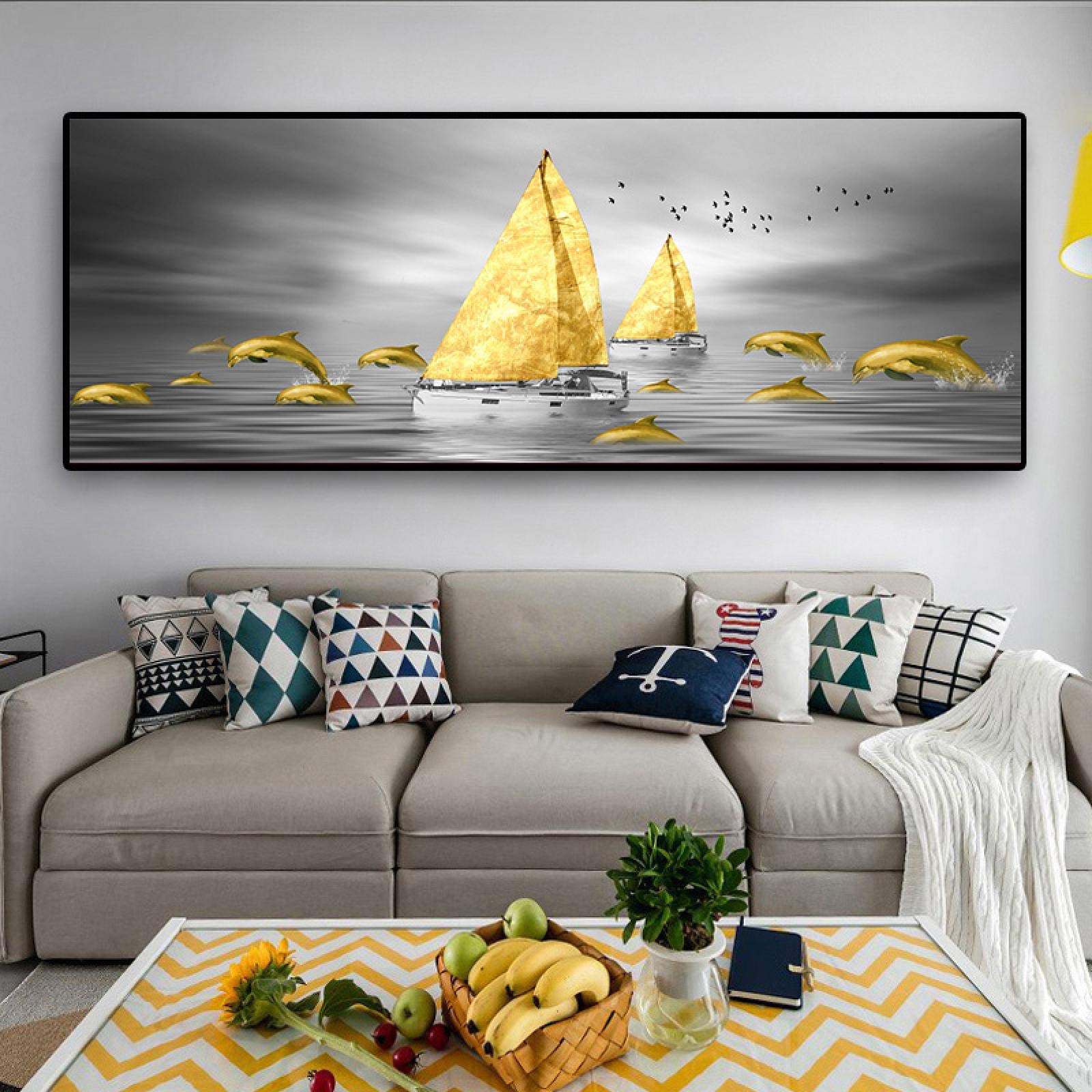 Abstrakte Natur Landschaft Leinwandbild – Handbemalte Seeszene Mit Goldfolie, 91x61 Cm, Modernes Wanddekor