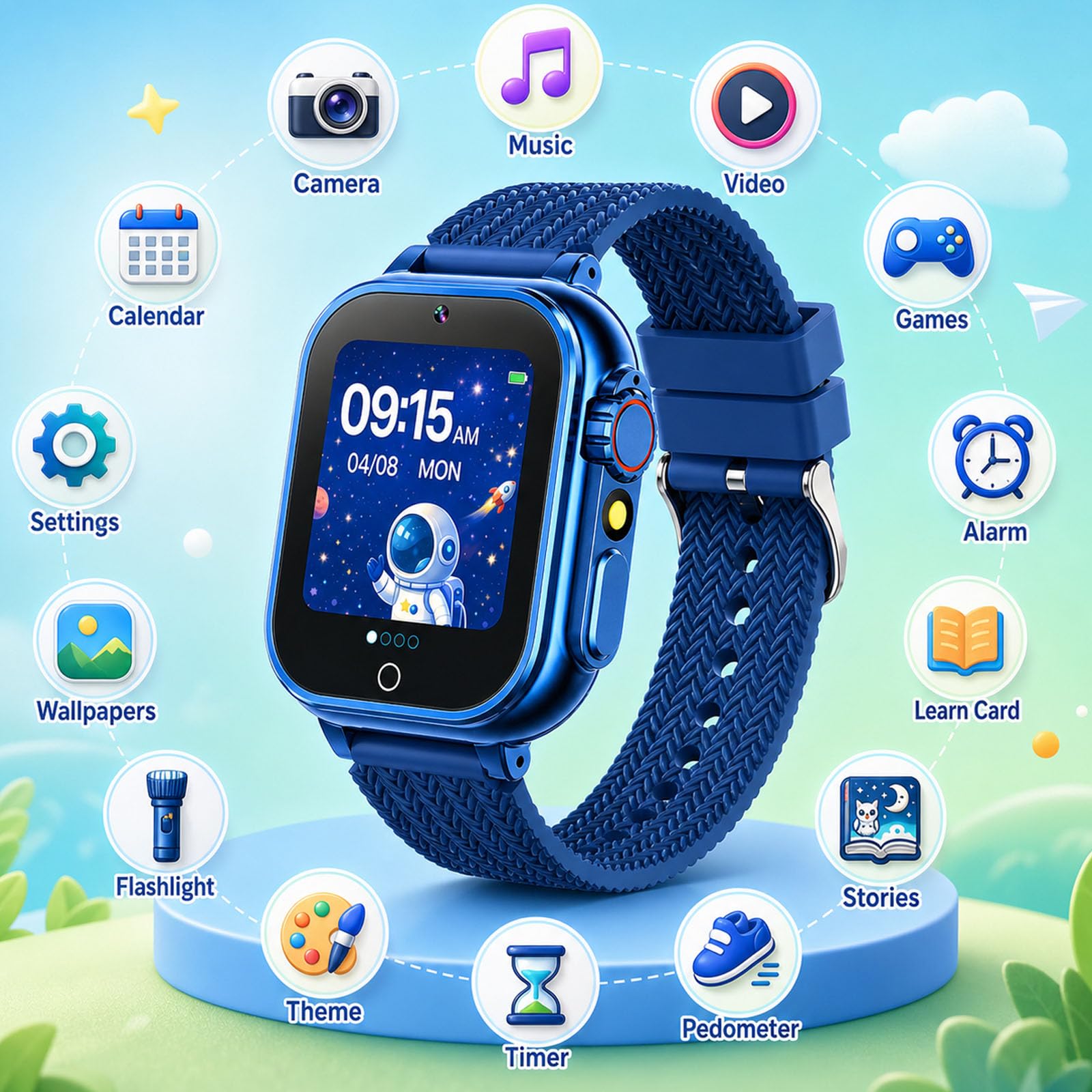Orologio intelligente per bambini per ragazze e ragazzi dai 4 ai 10 anni, blu | 26 giochi integrati, touch screen HD, videocamera, lettore musicale, allarme