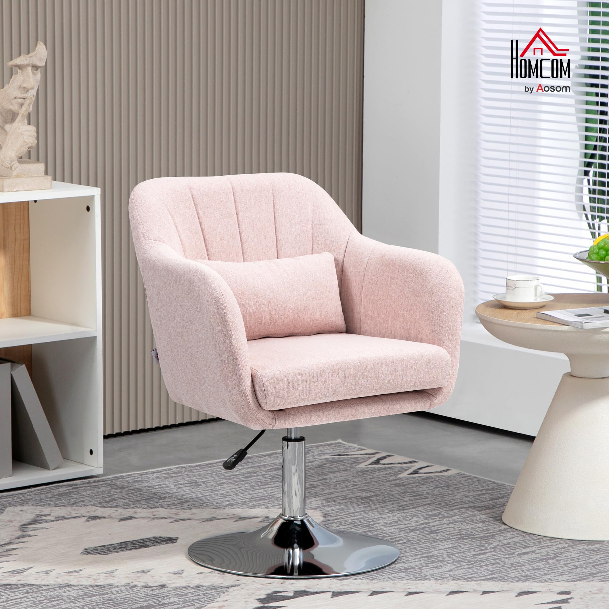 HOMCOM Sillón para salón Ajustable en Altura Lino Rosa | Sillón relax, sillón de dormitorio, 360° giratorio, cojines lumbares, base de metal cromado