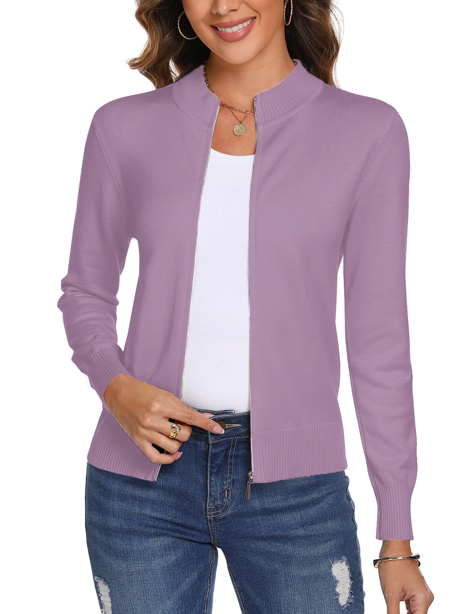 Aottori Strickjacke Damen Stehkragen Langarm Kurz Reißverschluss | Einfarbige Strickoberfläche; kombinierbar mit T-Shirt, Bluse oder Kleid; für Alltag, Büro, Stadt und Reise; Strickmaterial