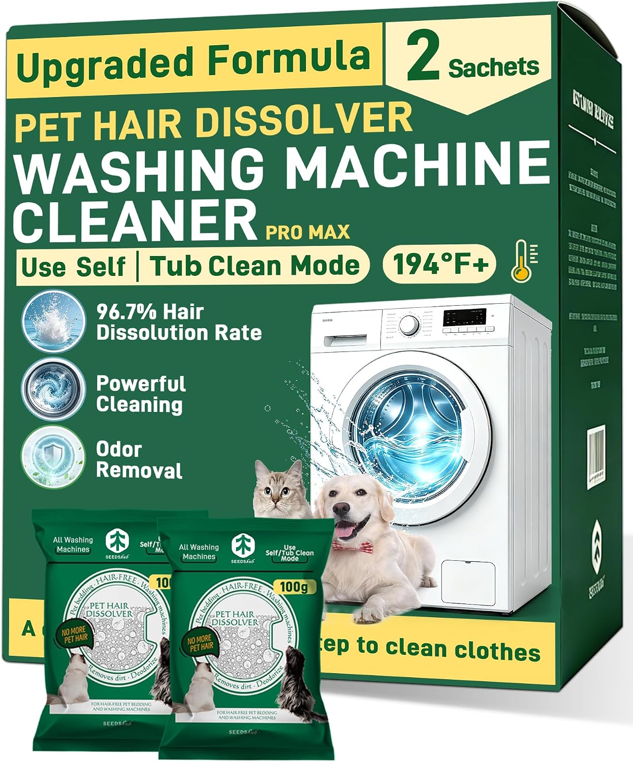 Upgraded Pet Hair Dissolver for Washing Machine Cleaner Powder, 2 Sachets