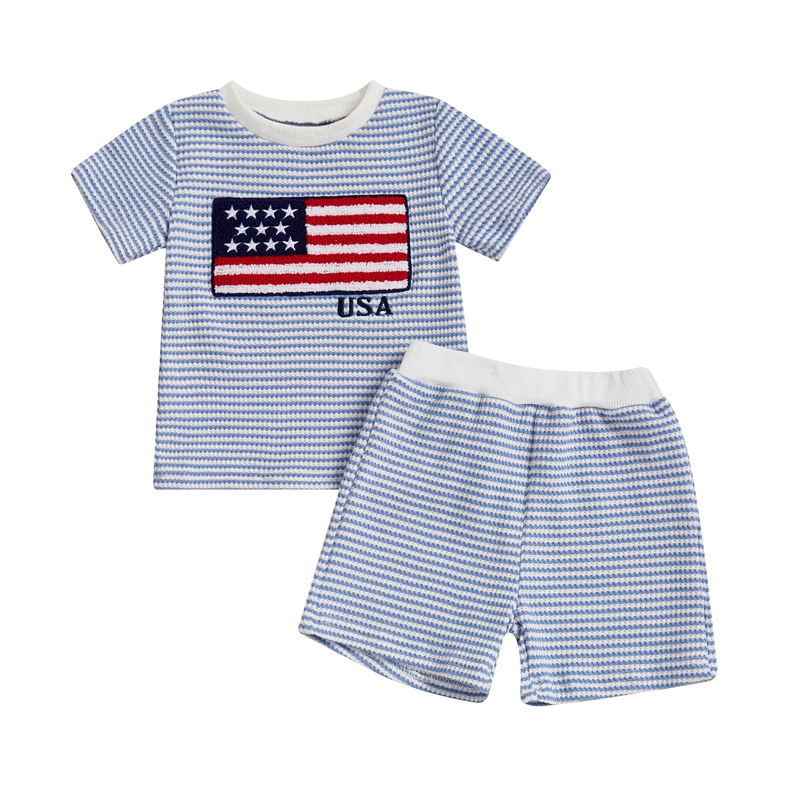 Tehgkeyd Toddler Baby Boy 4th of July Outfit USA Flag Embroidery Striped Short Sleeve Waffle Knit T-Shirt Shorts Clothes Set