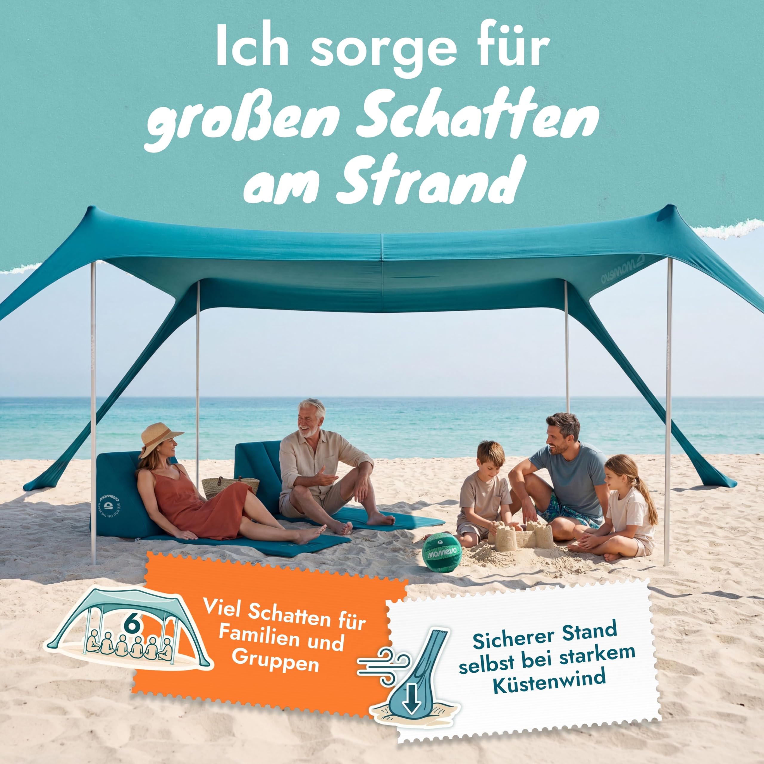 Sunsail XL Strandzelt, Sonnensegel Strand, XXL Strandmuschel | Next Level Strandmuschel, windstabil & leicht, UV-Schutz UPF 50+, einfacher Aufbau in Sekunden