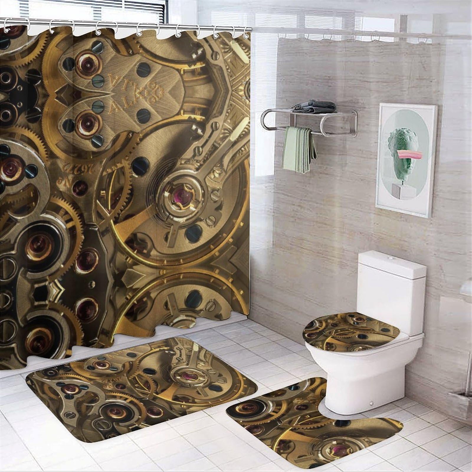 JiuPopular Bathroom Mat Set 4 Piece, Cool Steampunk Gears Shower Curtain with Non-Slip Bath Mats for Bathroom