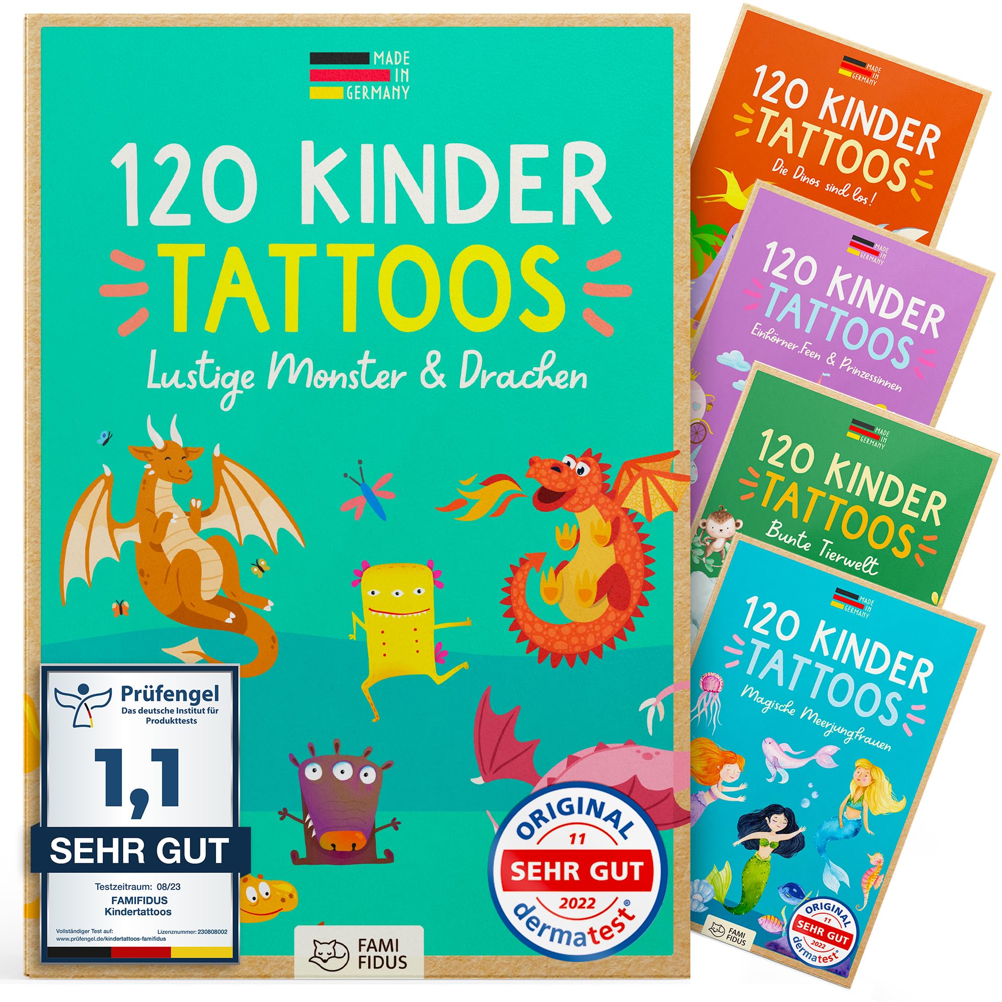 Famifidus 120 Kinder Tattoos hautfreundlich I Zauberhaftes Geschenk für Mädchen und Jungen I Dermatologisch SEHR GUT I Tattoo Kinder Made in Germany I Tattoo für Jungs & Mädchen