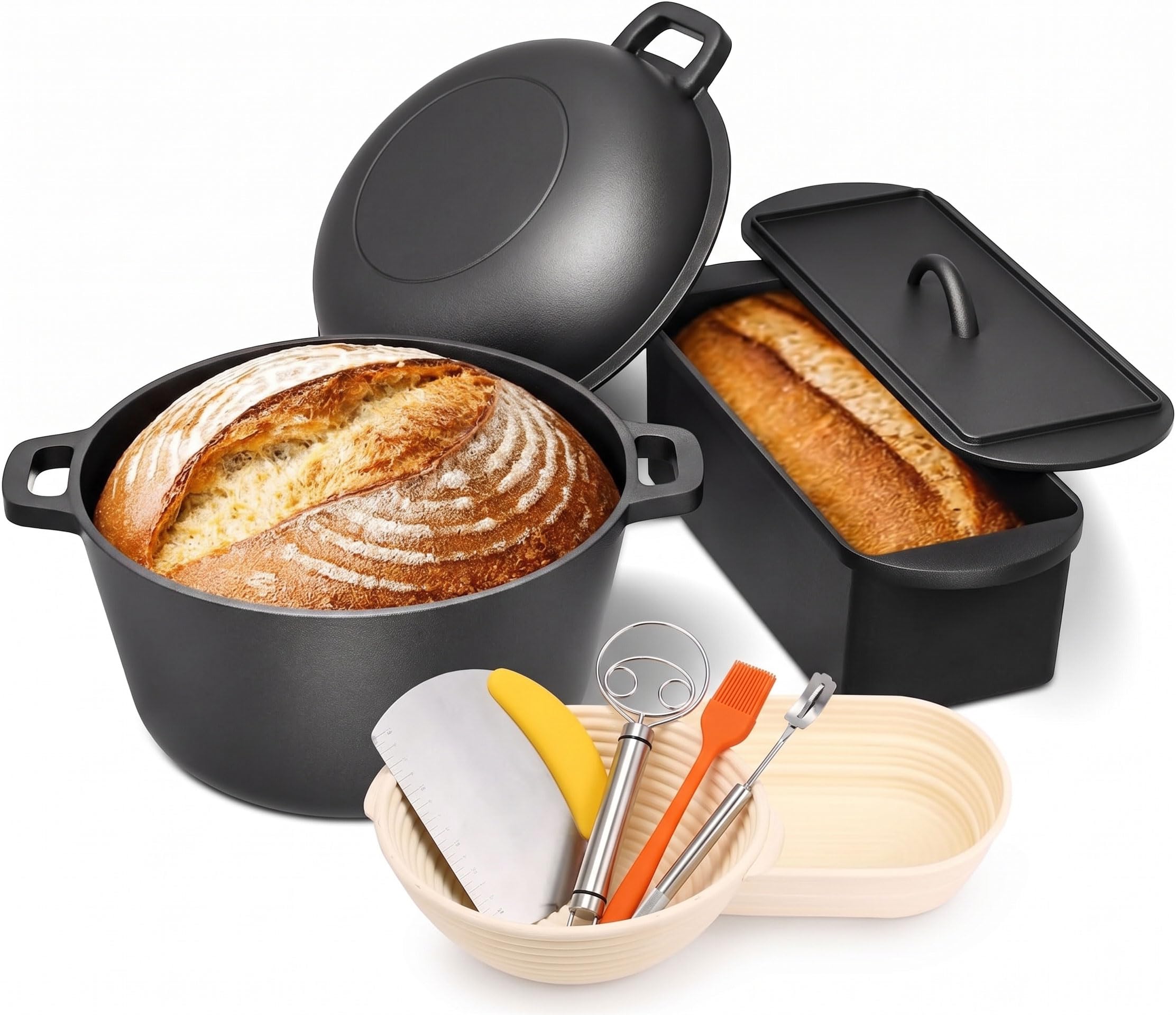 GFTIME Gusseisen Topf 26cm Brot Backen inkl. Brotbackform mit Deckel inkl. Gärkorb - Robuste Brotbackform mit Deckel - Idealer Brottopf, Brotbacktopf, Gusseisentopf Brotform, Toastbrot Backform
