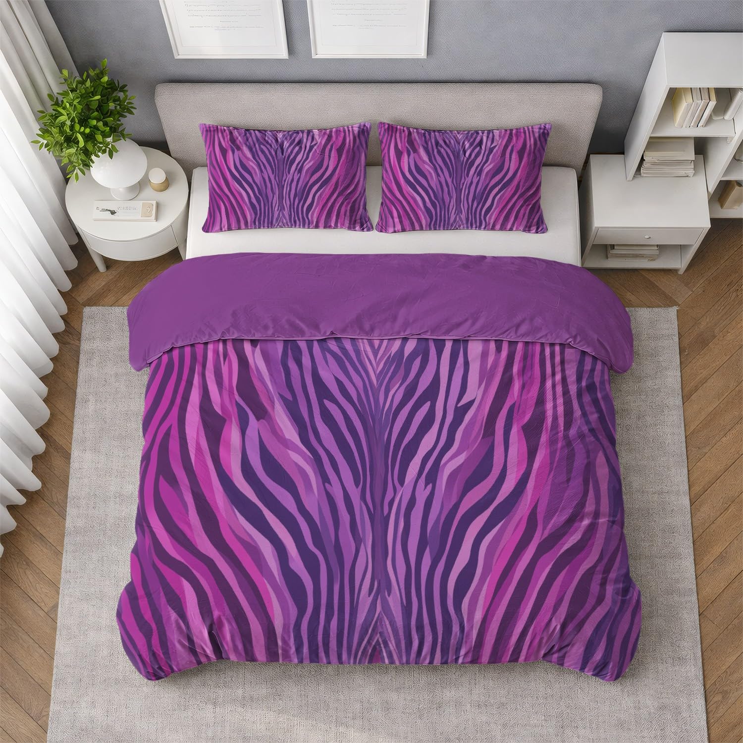 Generic Zestaw poszewek na kołdrę, elegancki, symetryczny nadruk zebry, super king, 293 x 236 cm, fioletowy abstrakcyjny zestaw pościeli 3-częściowy, miękka poszewka na kołdrę z mikrofibry dla dzieci