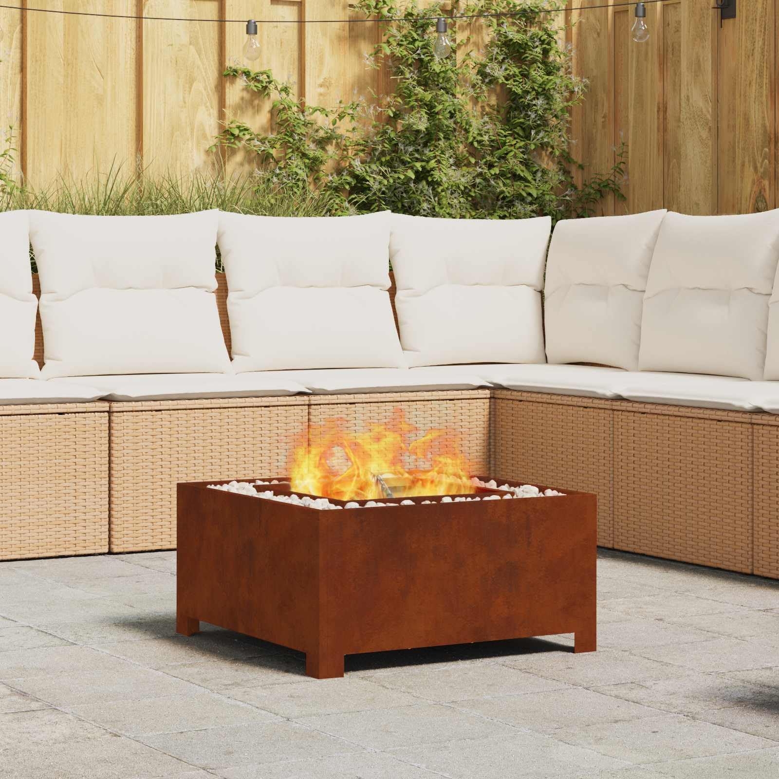 Brasero de acero resistente a la intemperie, marrón, 60 x 60 x 30 cm, para balcón, terraza, jardín, con cámara de combustión para calor y llama