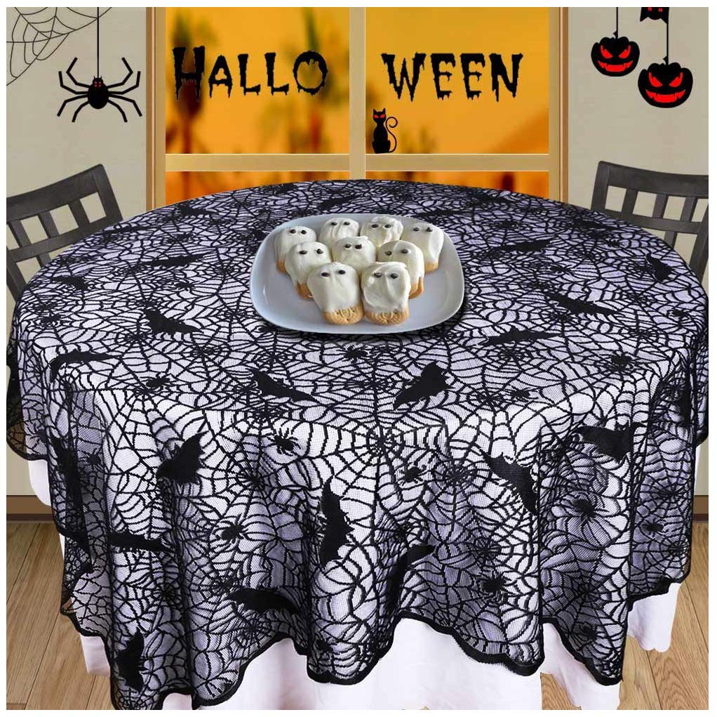 70-Inch Round Cobweb Table Topper, Halloween Bat Spider Web Tablecloth, Black Lace Bat Spiderweb Table Cover for Halloween Dinner Party Decor, Polyester