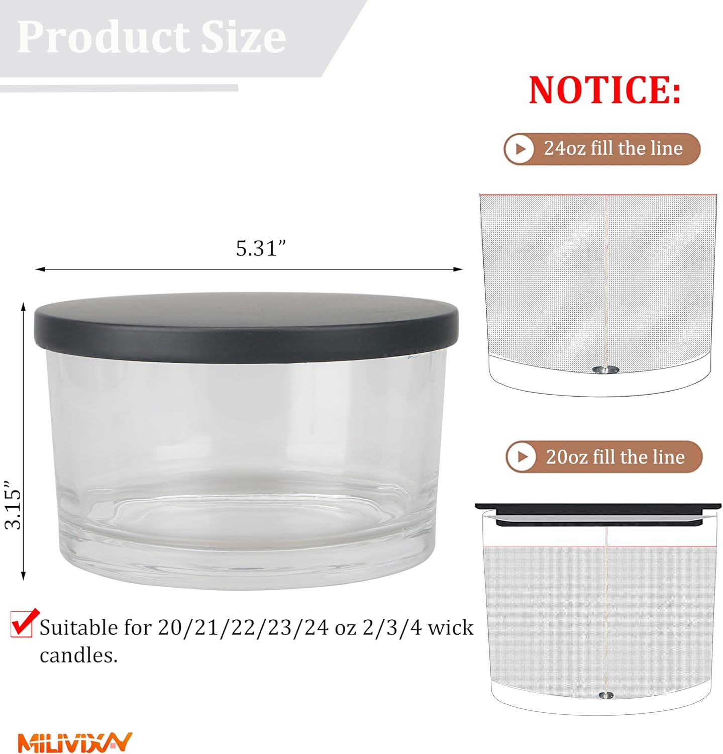 MILIVIXAY 6 Pack 24 oz Candle Jars with Metal Lids and Candle Making Kits - 3 Wick Candle Jar,Bulk Empty Clear Thick Glass Jars for Making Large Candles - Spice, Powder Containers.