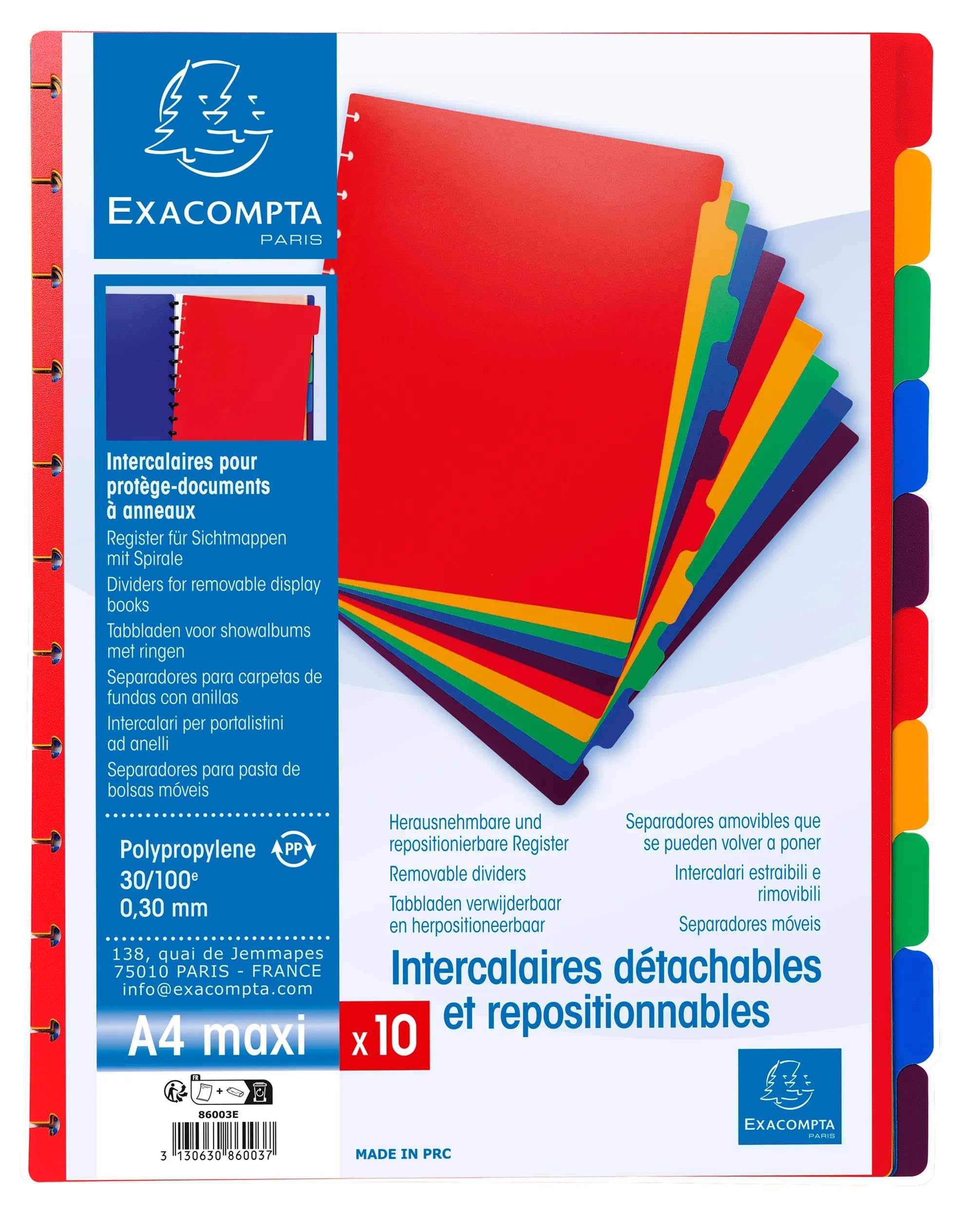Exacompta - Nr ref. 86003E - Karton 10 wielokolorowych sztywnych przekładek z polipro do zdejmowanej folii pierścieniowej - 10 neutralnych zakładek - dla formatu A4 maxi - wymiary 24 x 30,5 cm