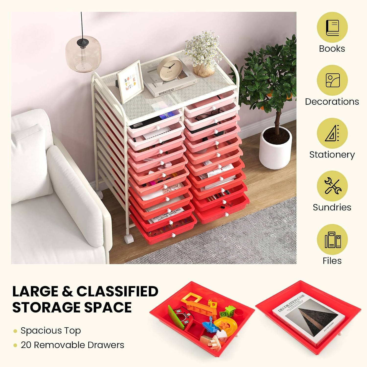 LDAILY 20-Drawer Rolling Storage Cart, Rolling Storage Cart, Storage Organizer on Wheels, Metal Frame, Scrapbook Paper Tools, Suitable for Office School, Classroom (Gradient Pink, 20 Drawer)