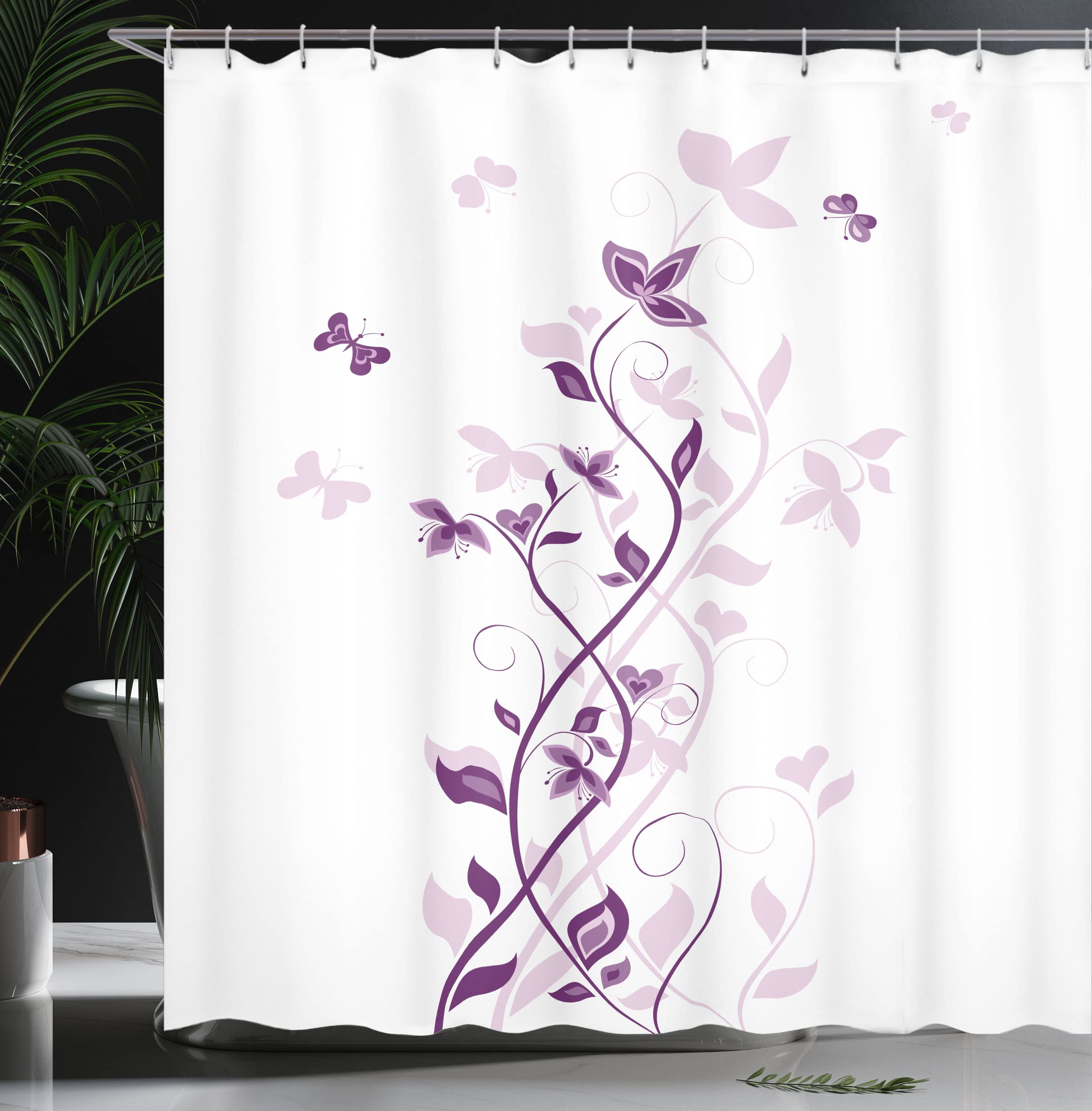 ABAKUHAUS Purple Shower Curtain, Violet Tree Swirling Persian Lilac Blooms with Butterfly Ornamental Plant Graphic - Image 3
