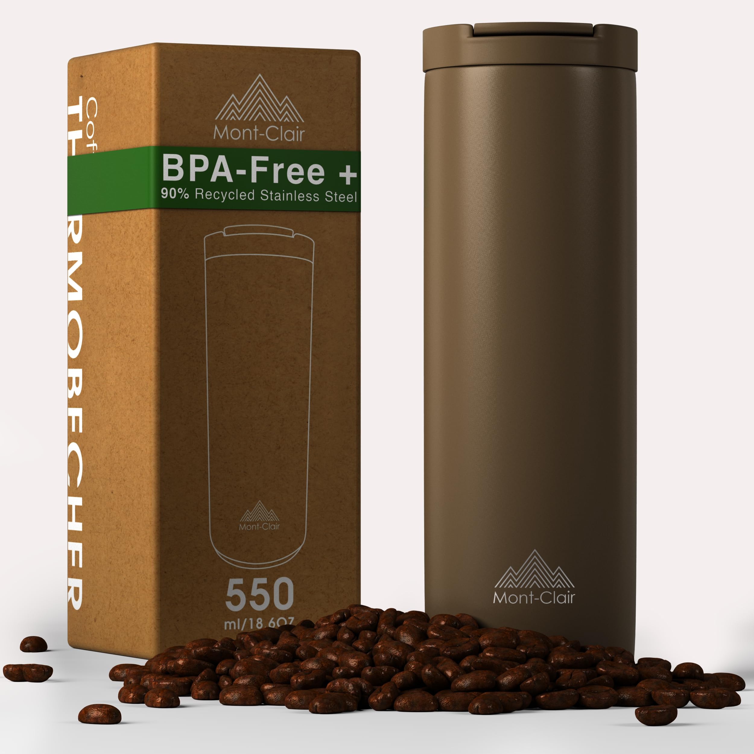 Mont-Clair Insulated Coffee Cup Travel Mug 550ml - Coffee Mug - 100% Leak-Proof - Keeps hot for 12 Hours - Travel Cup - Made of Recycled Stainless Steel (Earth)