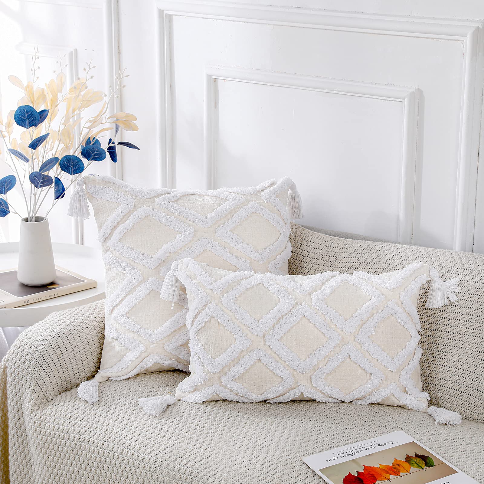 PANOD Housse De Coussin D Corative En Peluche Super Douce De Style Ferme 18 X 18 Gris Uni Motif Losange Touffet Avec Pompons Moderne Accent Boh~p114068261