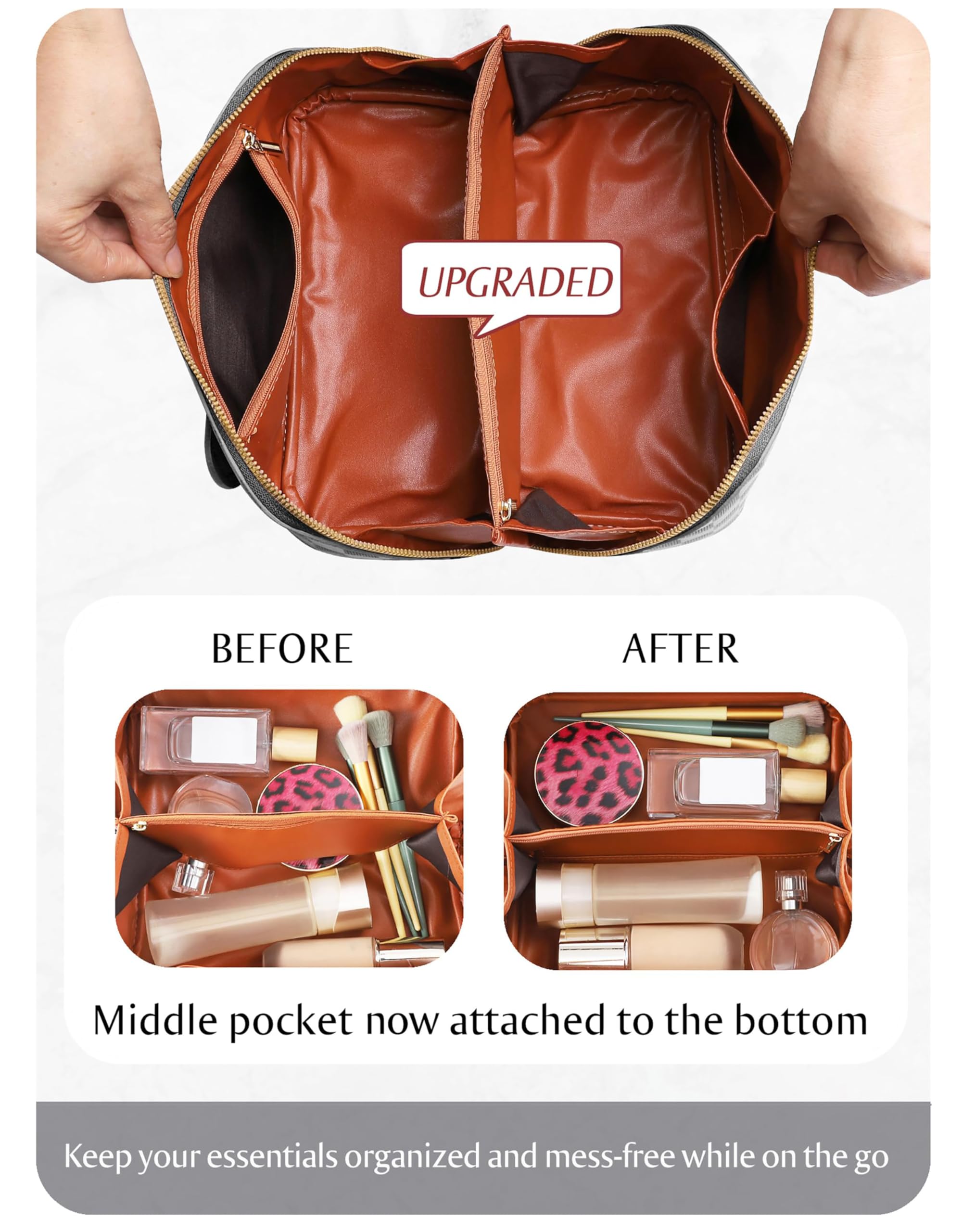 Bolsa de cosméticos de Viaje de Gran Capacidad, Bolsas de Maquillaje portátiles para Mujer, Impermeable, de Piel sintética, a Cuadros, Organizador de Maquillaje con separadores y asa, Bolsa de Aseo