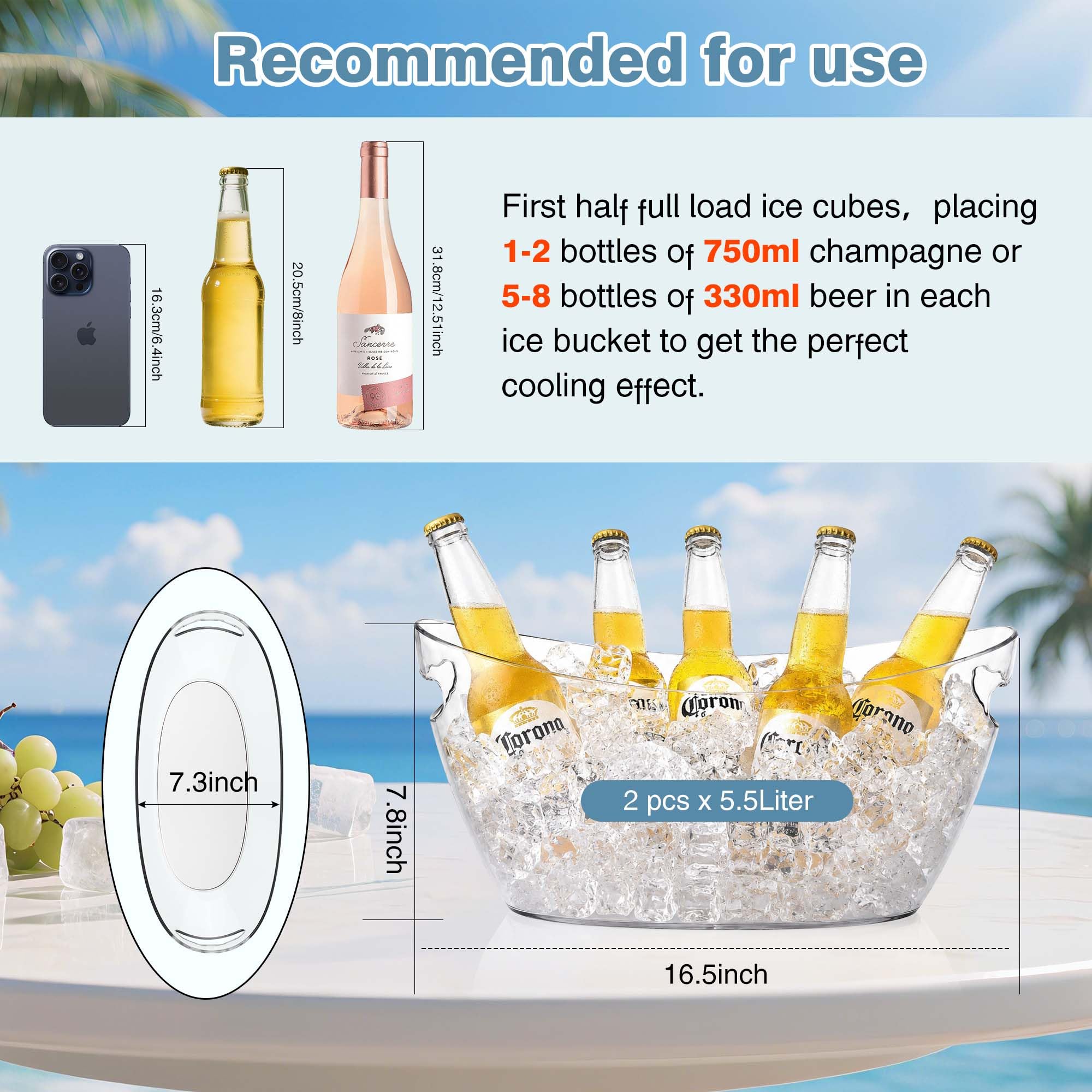 Cubos de hielo para fiestas, 2 piezas de acrílico champán para bebidas con 2 cucharas de hielo, cubos de bebidas para bar de cóctel, cubo de 5.5 L para fiesta de Navidad (transparente)