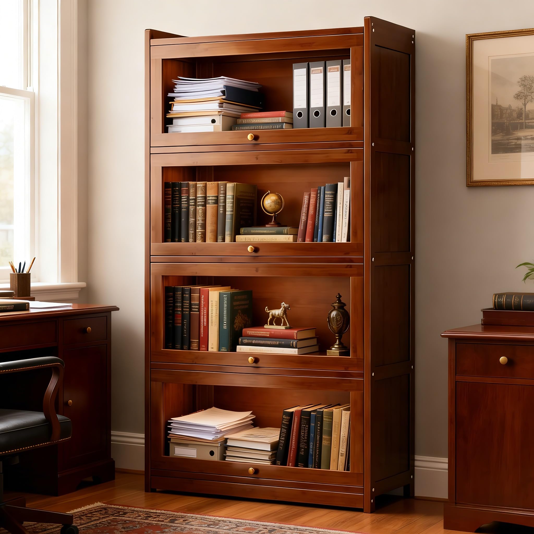 55" Tall Bookcase, Large Organizer Bamboo Bookshelf with Acrylic Doors