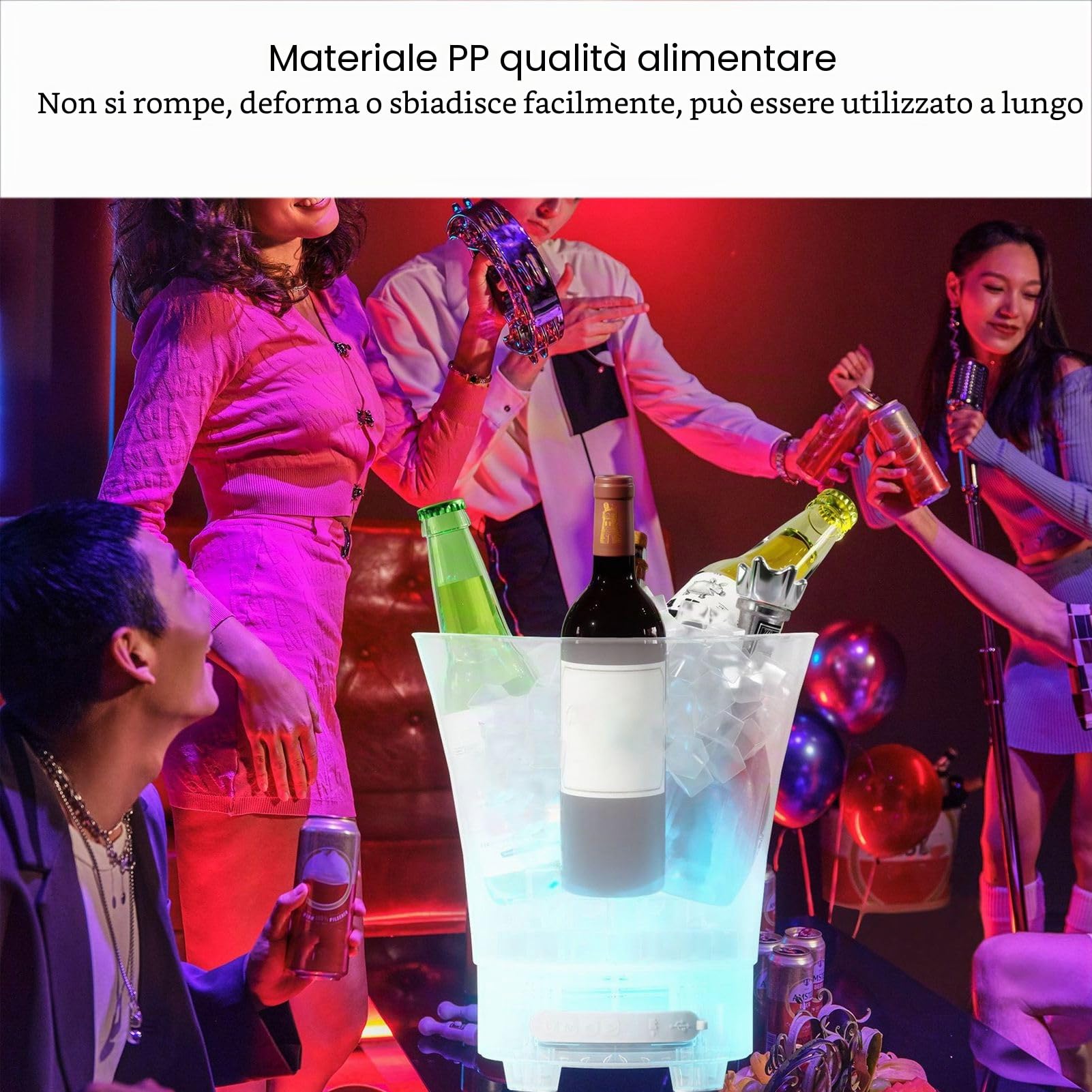 Secchiello per il Ghiaccio a LED con Altoparlante Bluetooth, 7 Litri di Grande capacità 4 modalità di Luce Secchiello per Vino, Ghiaccio, Birra Colorata con Coperchio, Batteria