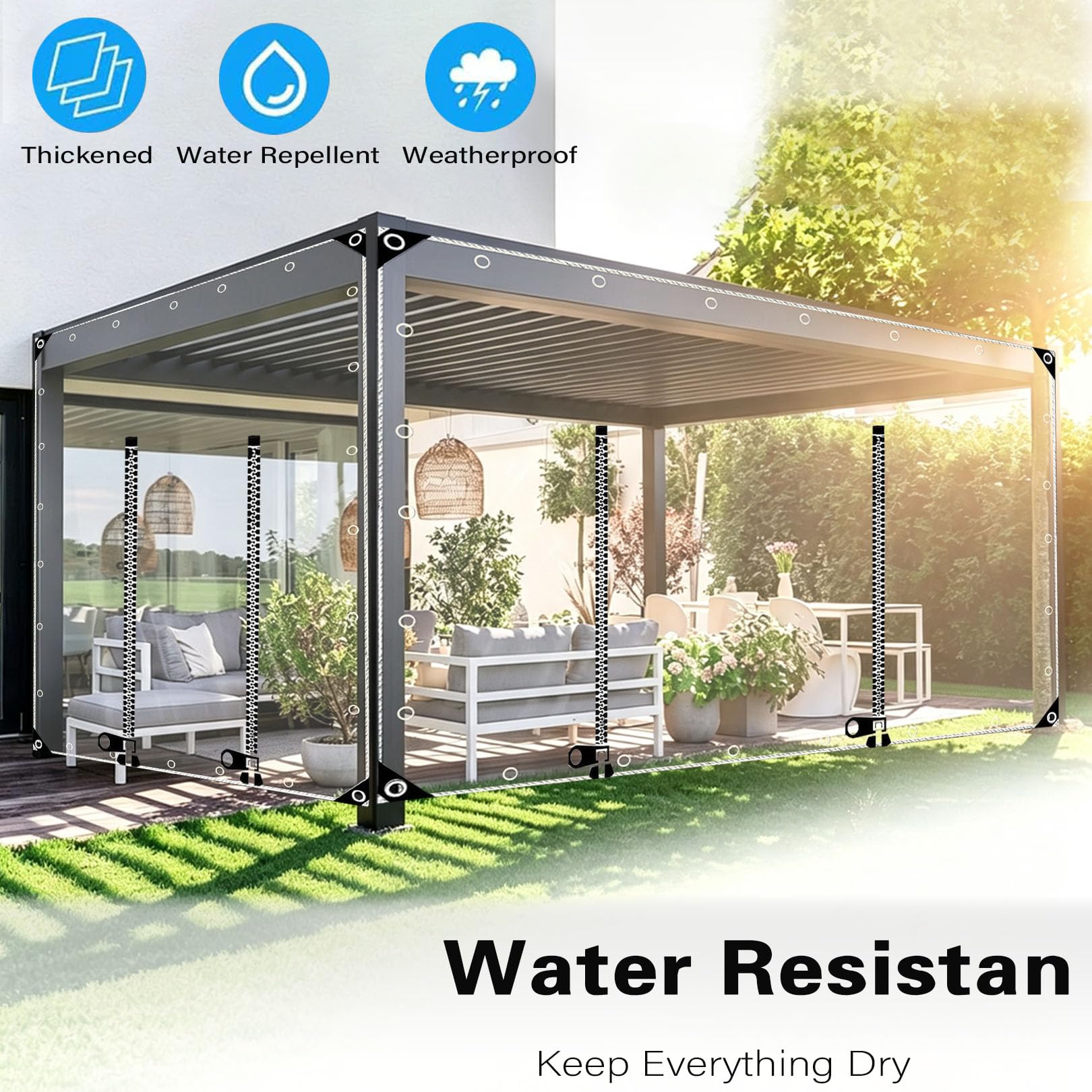 Telo PVC trasparente per esterno 2,5 × 7,5m spessore 0,5 mm con cerniera | Tenda-telo resistente agli agenti atmosferici, con superficie idrorepellente, pannello laterale per pergola, terrazzo