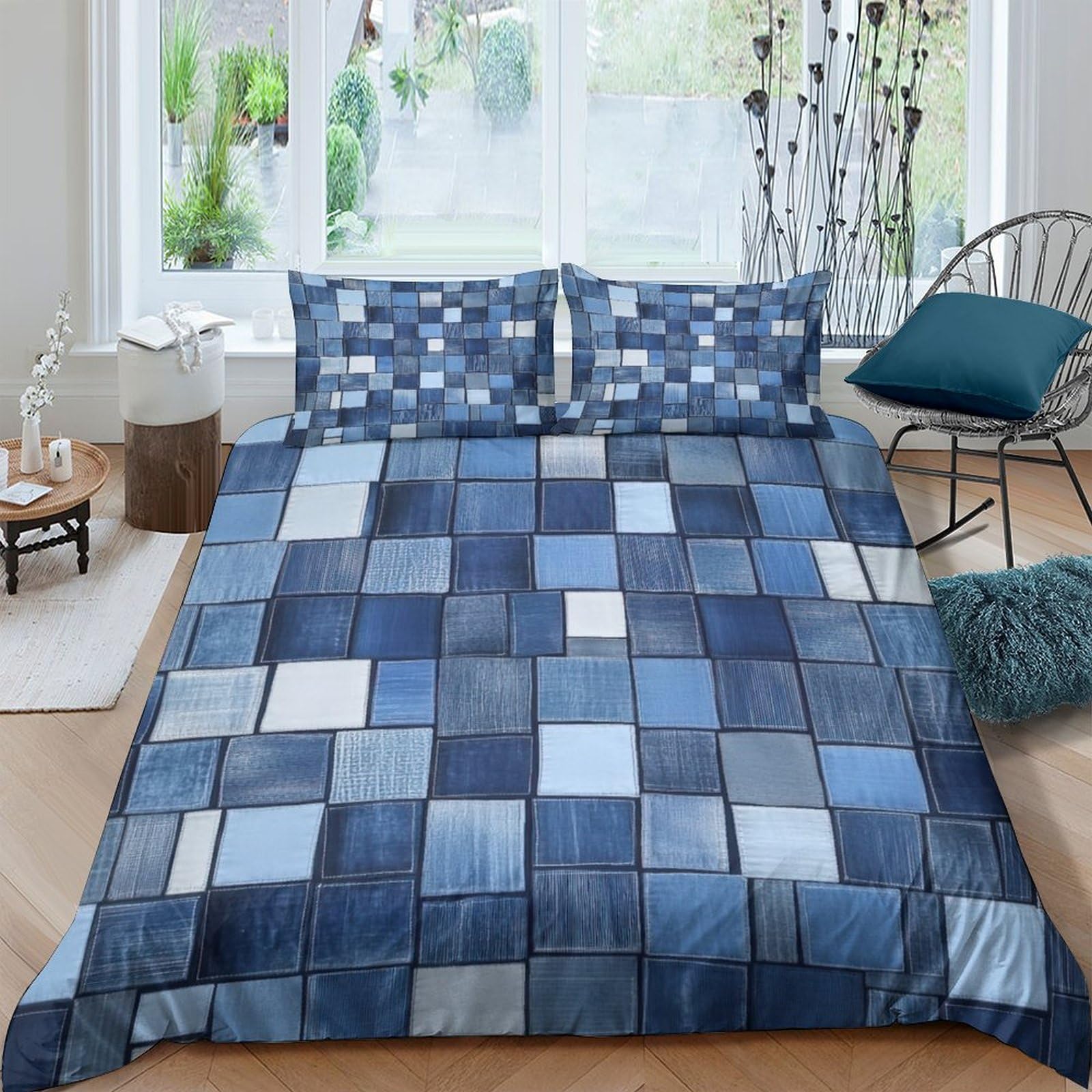 Ctjqhvkz Style-8 3D Printed Blue Mosaic Fitted Sheet Microfiber Soft Breathable Patchwork Bed Cover For Bedroom Guest Room Dorm Decor Single（135X200cm）