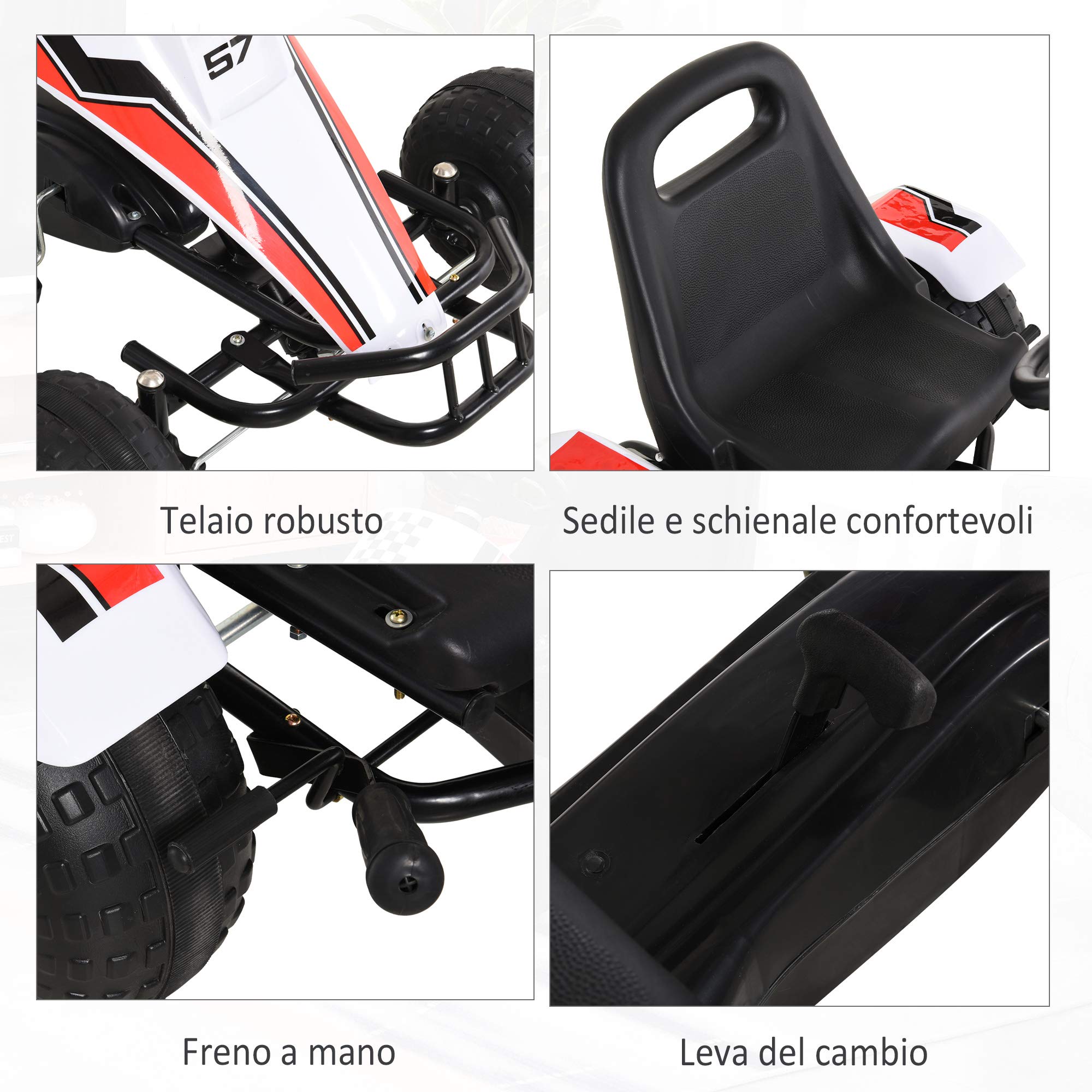 HOMCOM Go-Kart a Pedali Bianco per Bambini 3-6 Anni Sedile Regolabile Freno a Mano Cambio