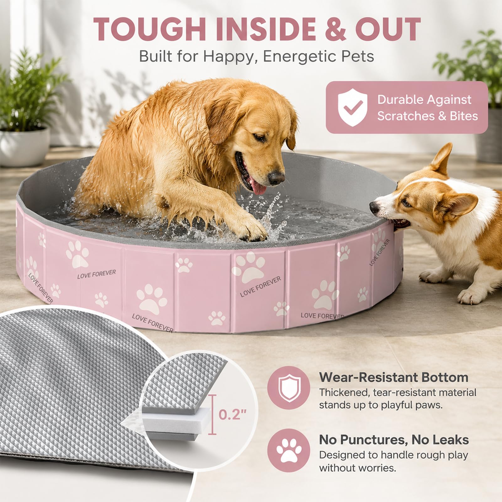 ZoneYan Piscina Pieghevole per Cani 80 * 30 cm, Vasca da Bagno per Cani Antiscivolo in PVC, Piscina per Cani con Doppio Scarico, Doccia Pieghevole per Animali per Cani Piccoli e Medi (Rosa)