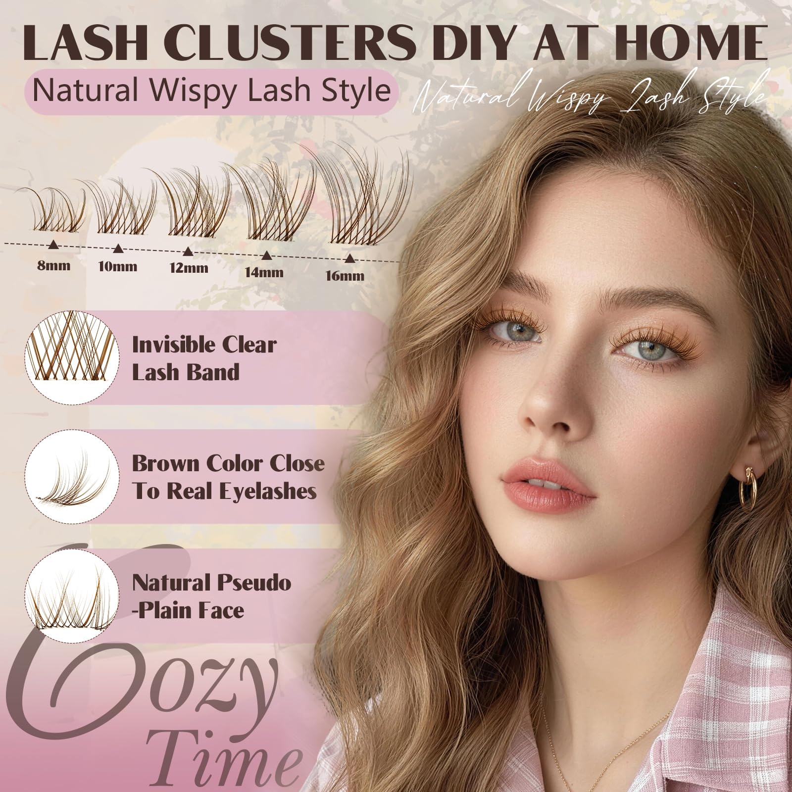 JMS&JMS Braune Wimpernbügel, natürliche Wimpernbügel, braune Wimpernbügel, transparentes Band, C-Curl, DIY-Cluster-Wimpern, 8–16 mm
