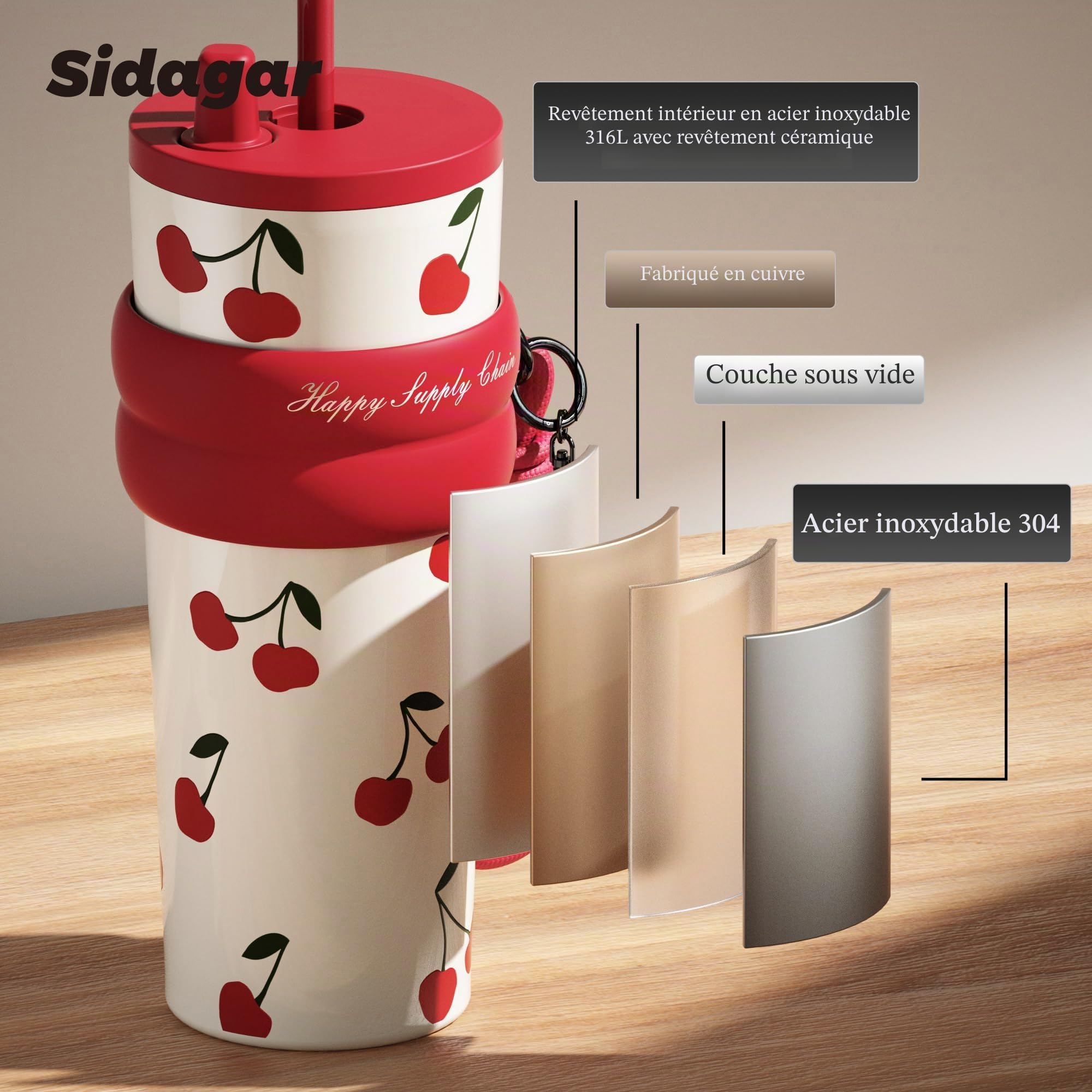 Gobelet isotherme de 710 ml avec couvercle et paille, bouteille d'eau réutilisable, anti-fuite, avec sangle, tasse de voyage portable pour café glacé chaud et froid, tasse thermique pour femme (cerise
