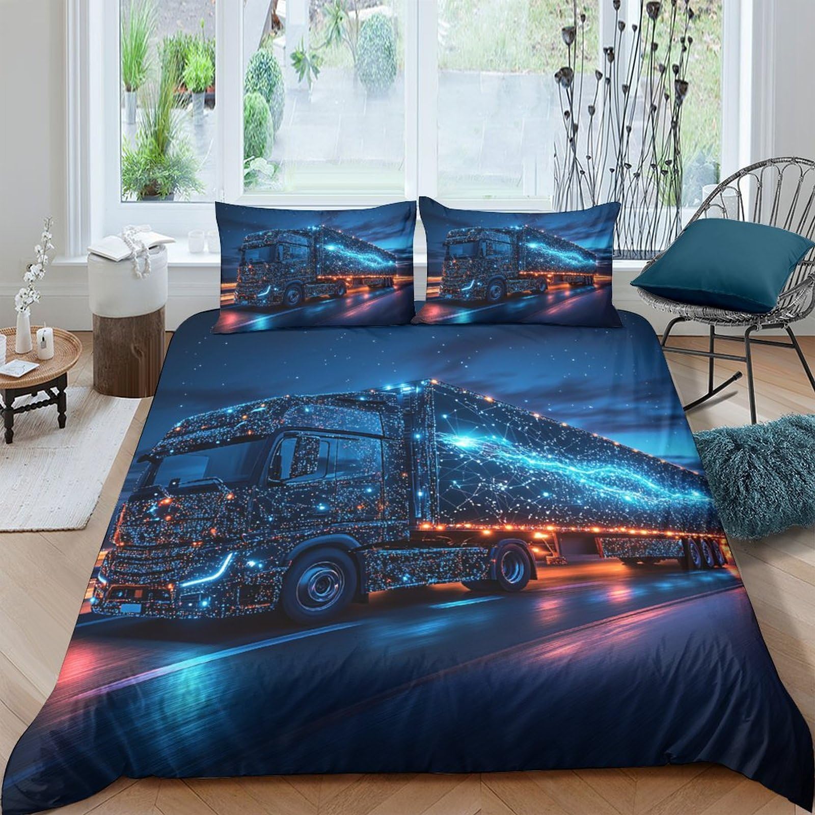 Ctjqhvkz Style-2 3D Printed Night City Truck Fitted Sheet Microfiber Blue Neon Road Mattress Cover For Bedroom Dorm Modern Decor Single（135X200cm）