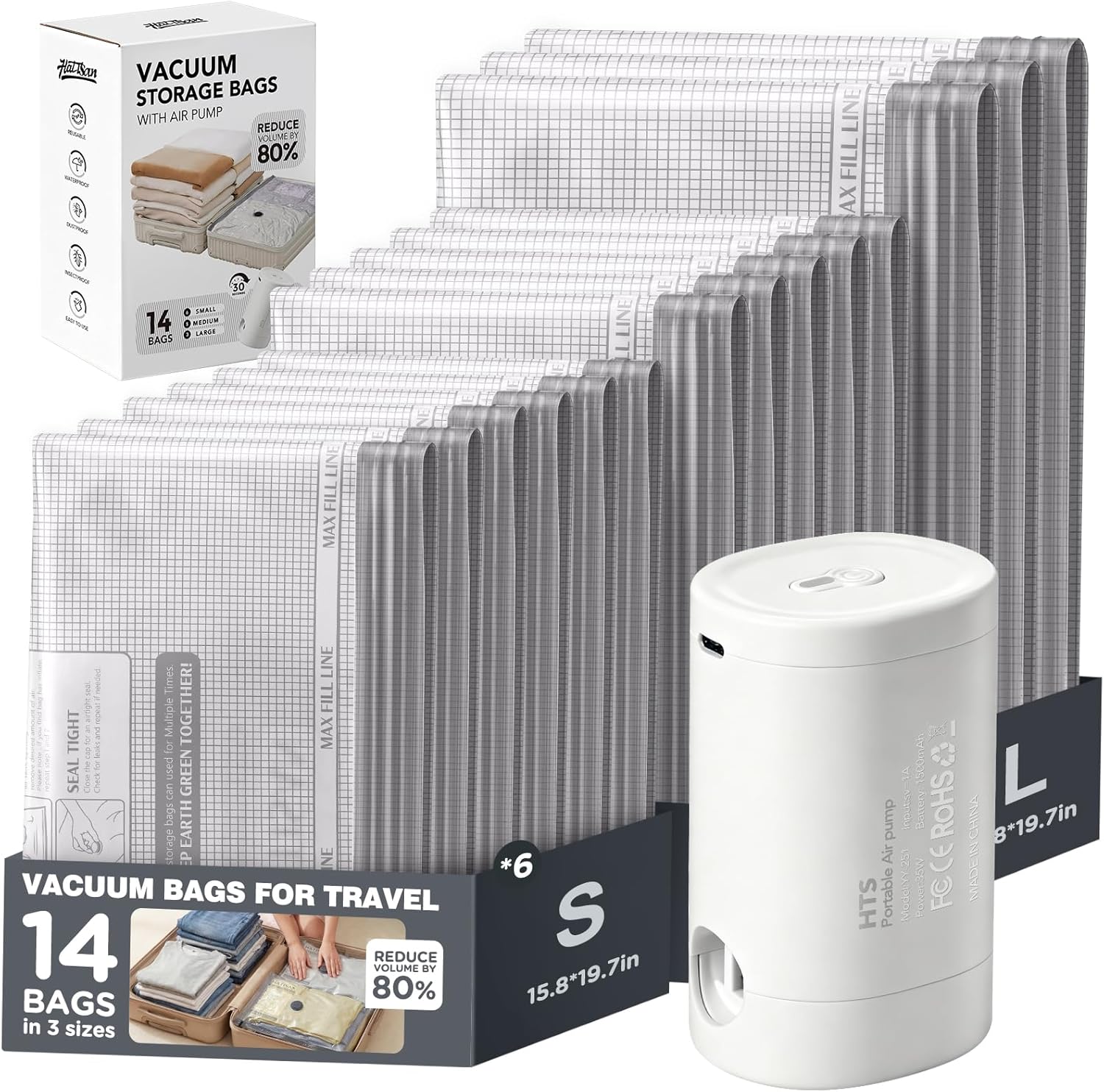 Vacuum Seal Bags for Clothing Travel with Rechargeable Electric Pump, Space Saver Vacuum Storage Bags Travel, Reusable Compression Bags for Luggage Home (14pcs Checkered)