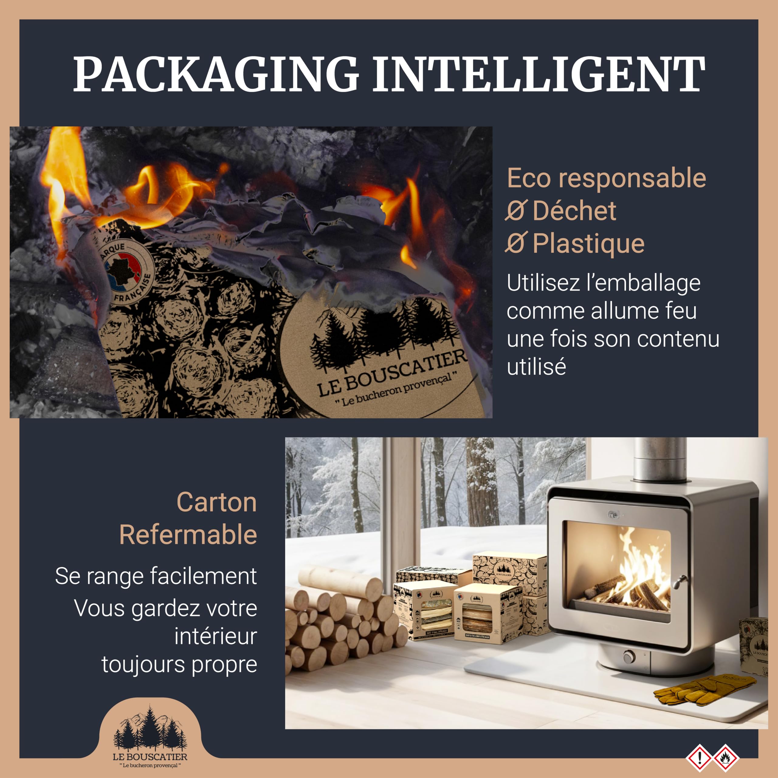 Le Bouscatier kit d'allumage Complet Petit Bois, buche et Allume feu pour cheminée poêle Four Pizza cuisinières Barbecue Charbon et brasero. 8 kg Sec hêtre chêne Boite Allumette Offerte