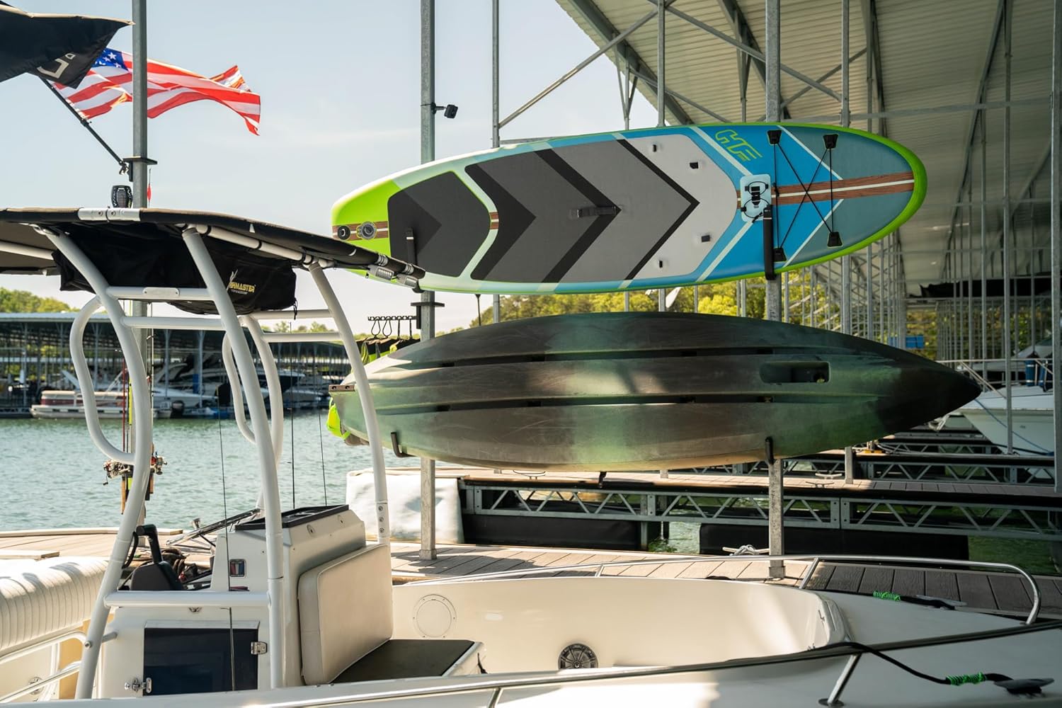 Kayak Dock Storage & Organizer - No Drill Easy Install - Heavy Duty, UV & Rust Resistant - Durable Kayak Holder - Made in USA- Fits a 2" Square Post