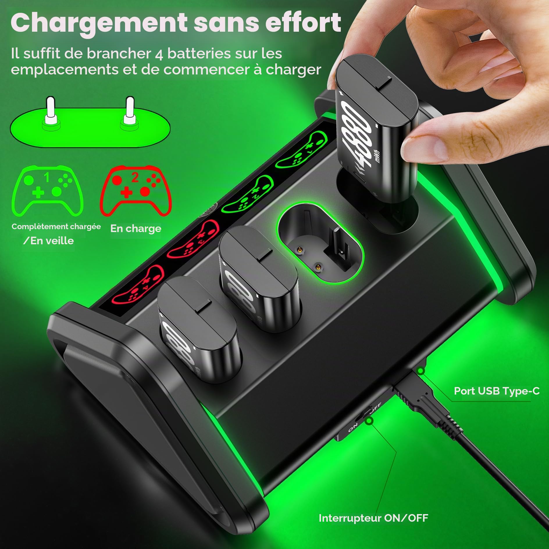 Batterie de Manette Xbox pour Manette X-Box Series X/S/One Elite, 4 * 4880mWh Batterie Rechargeable Xbox, Batteries Rechargeables avec Station de Charge pour X-Box Series X/S/One Elite