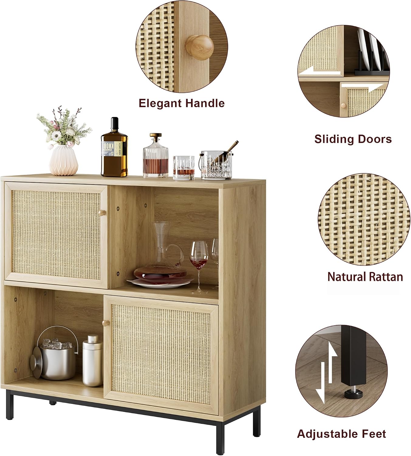 IDEALHOUSE Coffee Bar Cabinet, Rattan Buffet Cabinet with Storage, Wood Sideboard Cabinet with Sliding Door, Accent Cabinet for Kitchen, Dining Room, Living Room, Entryway, Natural Oak