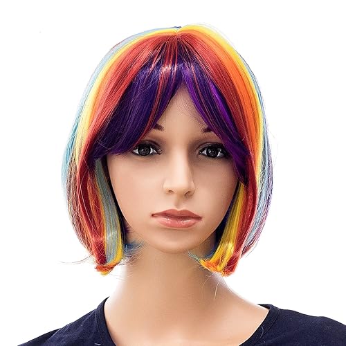 SWACC Peluca de pelo corto liso de colores arcoíris, peluca sintética colorida para cosplay, uso diario, fiesta, peluca para mujeres con gorra de