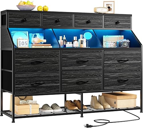 EnHomee Cómoda para dormitorio con 10 cajones y zapatero de tela con luces LED y tomas de corriente, tocador de dormitorio para entrada, pasillo