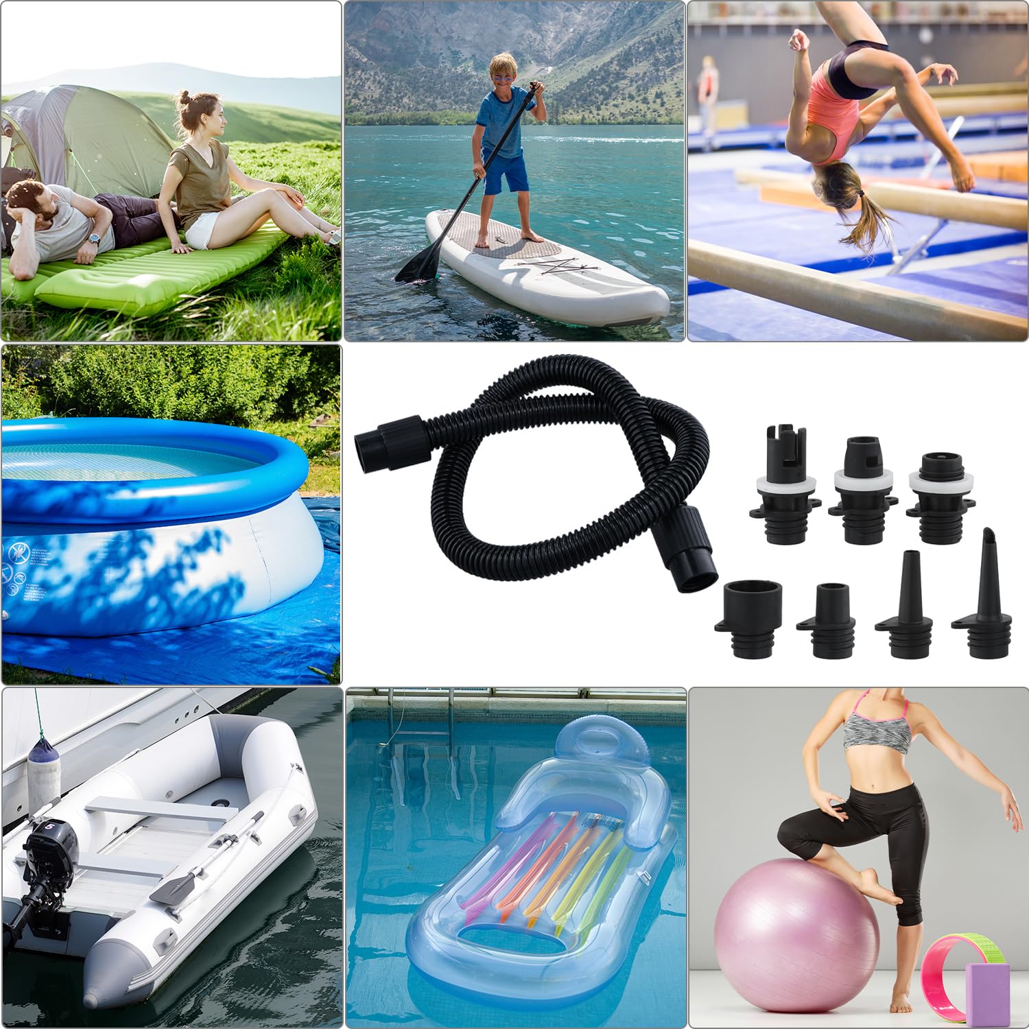 QWORK® Aufblasbare Pumpen Adapterset, SUP-Pumpenadapter Zubehör mit 7 Düsen und Luftschlauch, für aufblasbares Stand-Up-Paddle-Board, Boot, Zelt, Pool