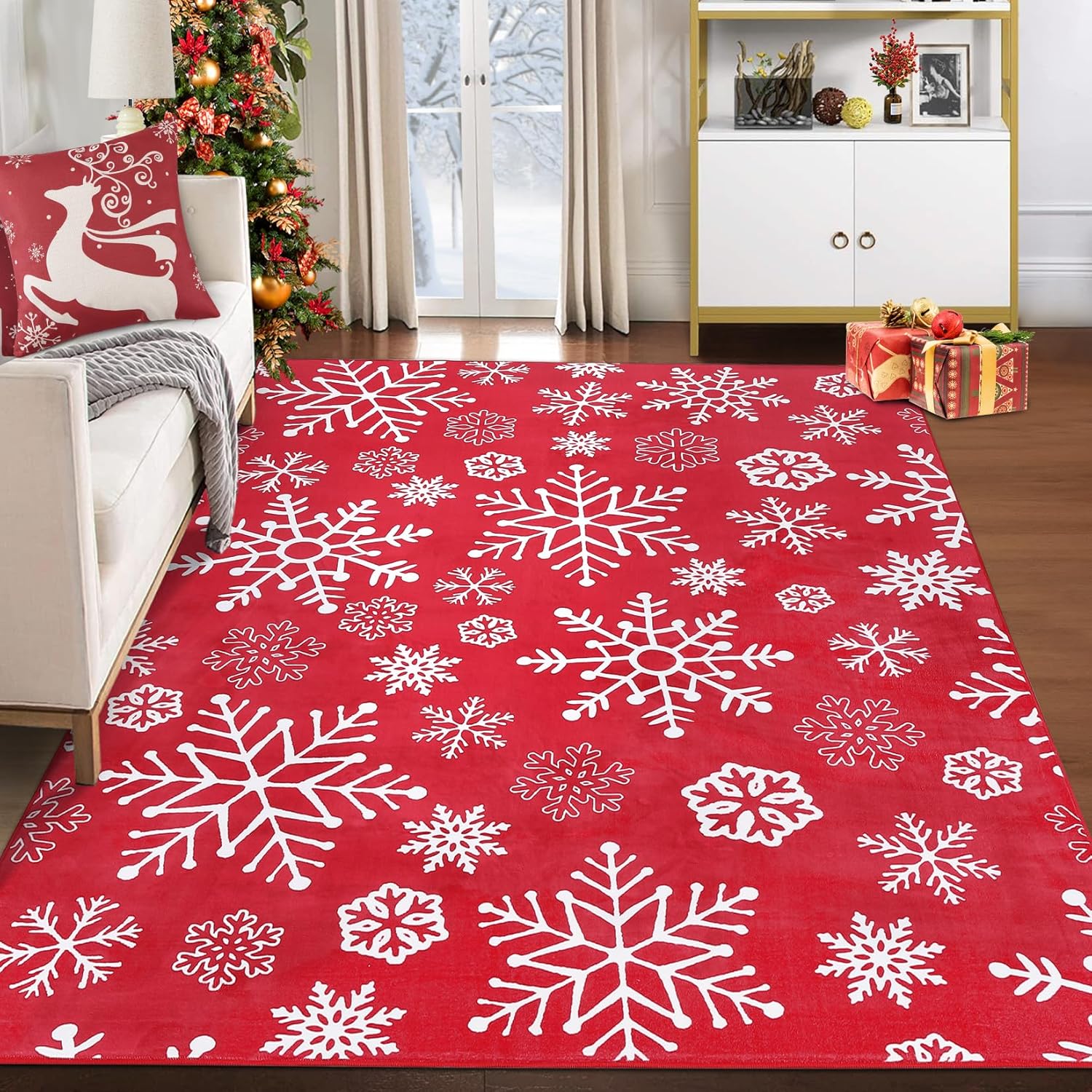 8x10 Christmas Area Rug Christmas Snowflake Pattern Floor Cover Machine Washable Indoor Carpet Rug Decorative Non Slip Accent Rug for Kitchen Bathroom Living Room Bedroom