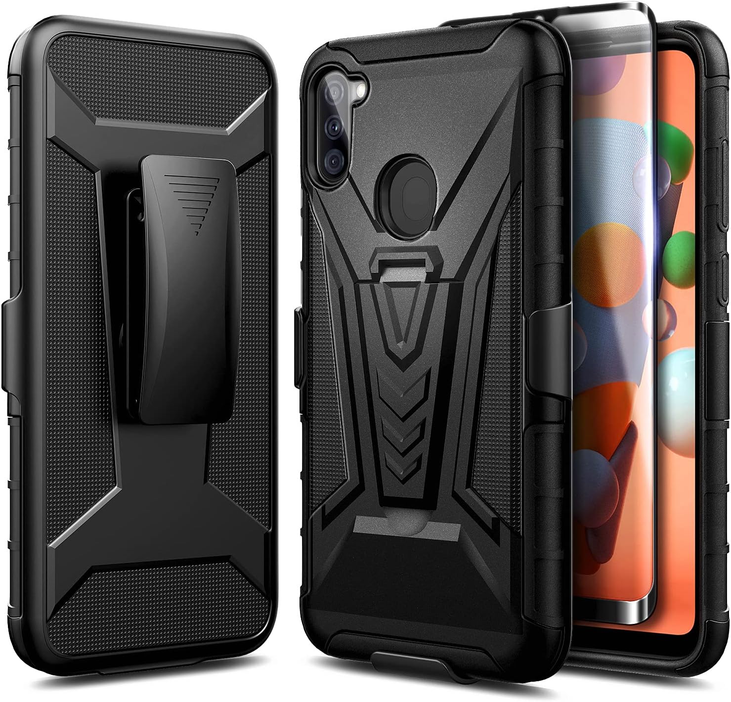 E-Began Case Compatible for Samsung Galaxy A11 with Tempered Glass Screen Protector (Full Coverage), Belt Clip Holster Kickstand Hybrid Heavy Duty Armor Defender Shockproof Rugged Case (Black)