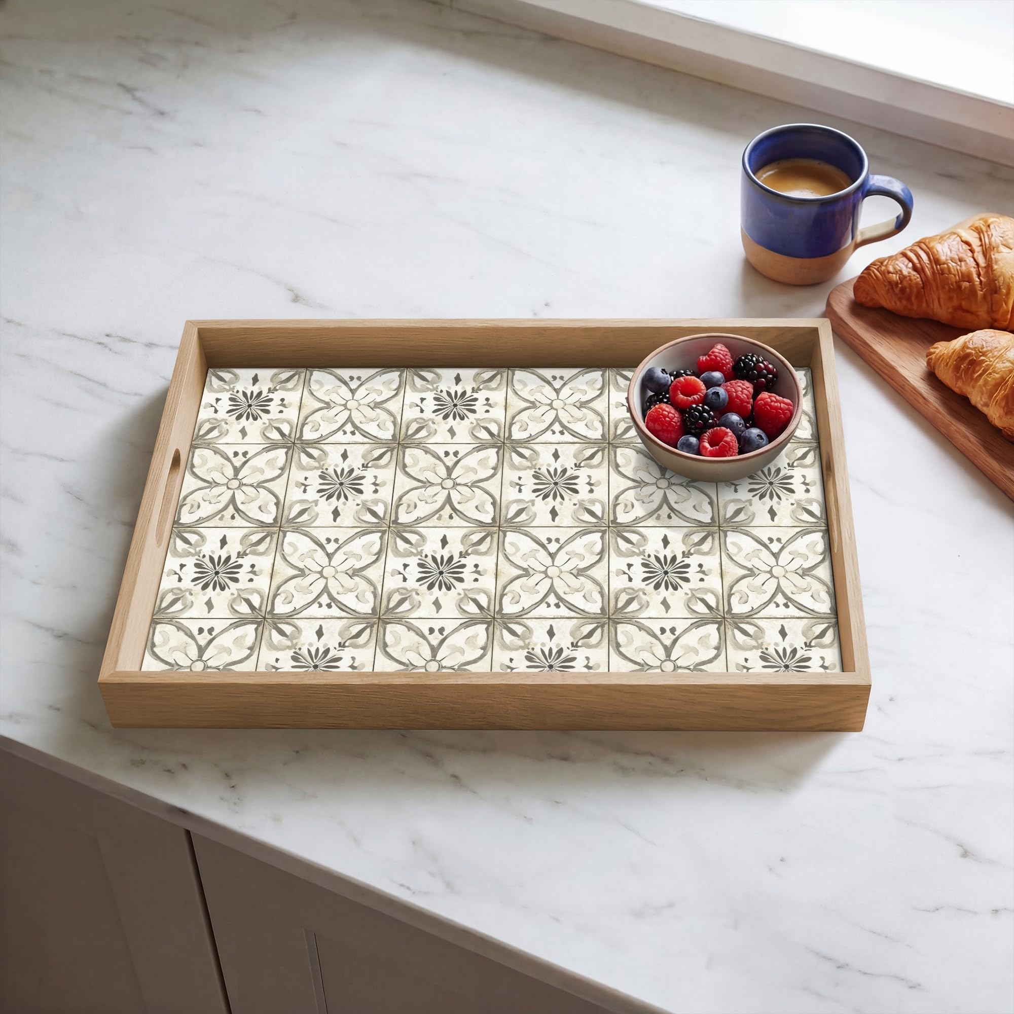 Holztablett Rechteckig 50x35 cm Küchentablett Servier Tablett Eiche Serviertablett Holz Servierplatte Mit Henkel Tray Kaffeetablett Antik - Fliese - Beige