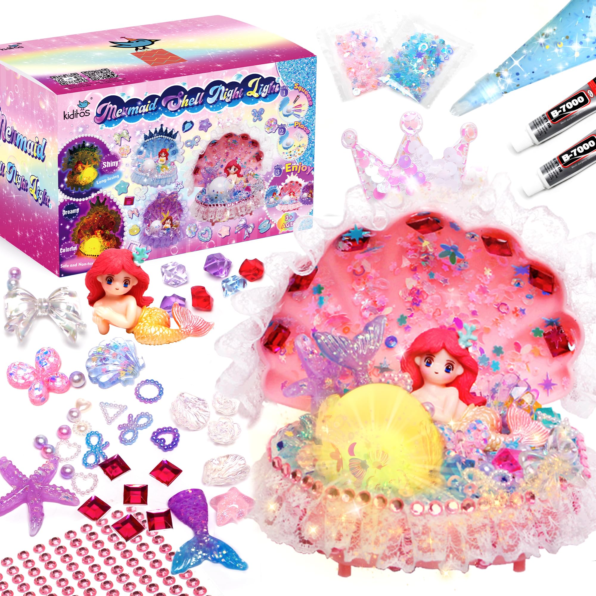 Kiditos Mermaid Shell Night light DIY Toy Kit with Flash Themed Accessories,Make Your Own Mermaid Night Light, Arts and Crafts for School Activity,Ideal Bedroom Decor &Birthday Gifts for Girls age 3+
