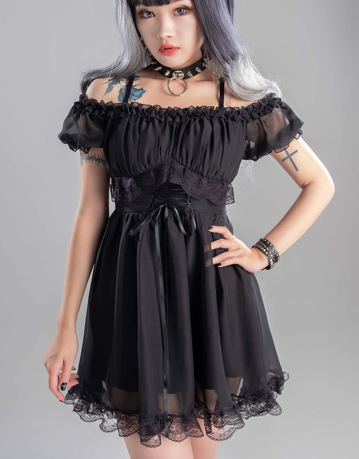 MEOWCOS Gothic Clothes Dress Cute A-Line Lace Mini Dress Goth Vintage Dresses for Women Party Dress Black - Image 2