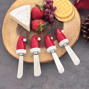 Supreme Housewares Santa Hat Cheese Spreaders, Hand-Painted Resin Handles with Stainless Steel Blades for Spreading Cream Cheese, Butter, Jam, or Sandwich, Set of 4