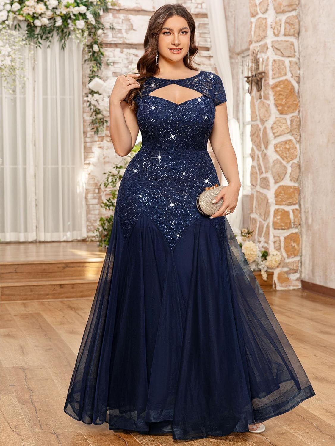 MISSMAY Women's Plus Size Sequin Lace Cut Out Tulle Mermaid Formal Bodycon Evening Maxi Dress - Image 3