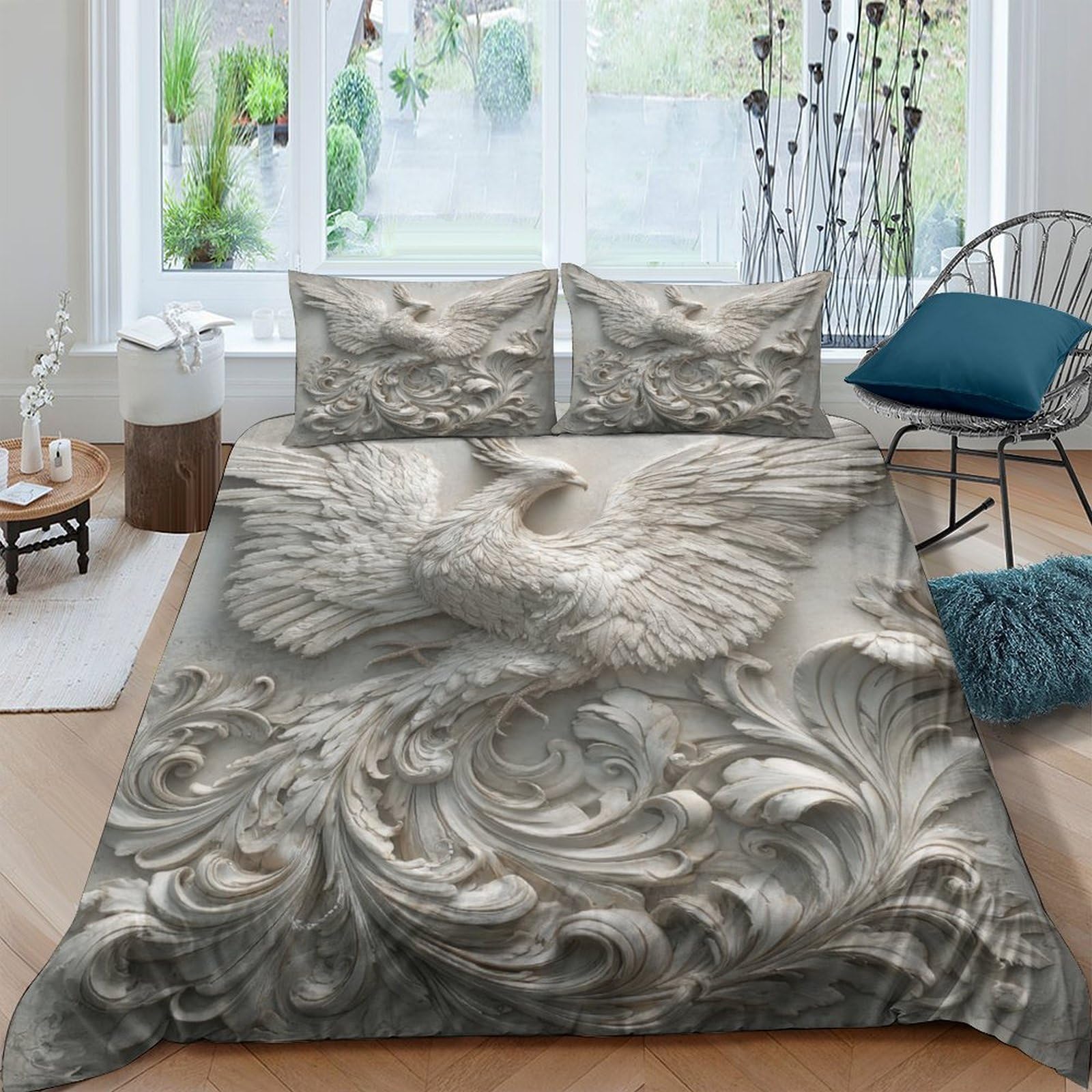 GPLZQXKJNH 3D Printed Baroque Phoenix Duvet Cover Set Microfiber Grey Ornate Bedding Set with 2 Pillowcases for Bedroom Home Single（135x200cm）