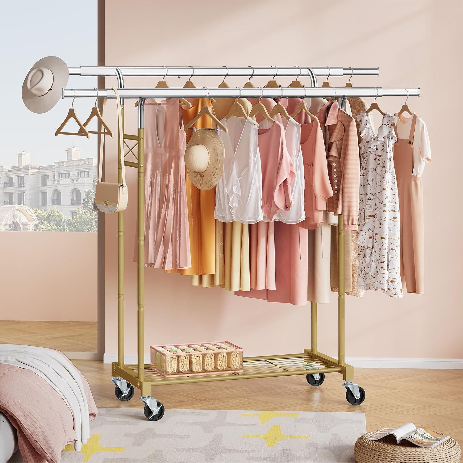 FAVOOSTY Clothes Rack for Hanging Clothes Double Rods, Rolling & Extending Clothing Rack with Wheels, Garment Coat Rack Freestanding, Portable Clothes Rack, Gold