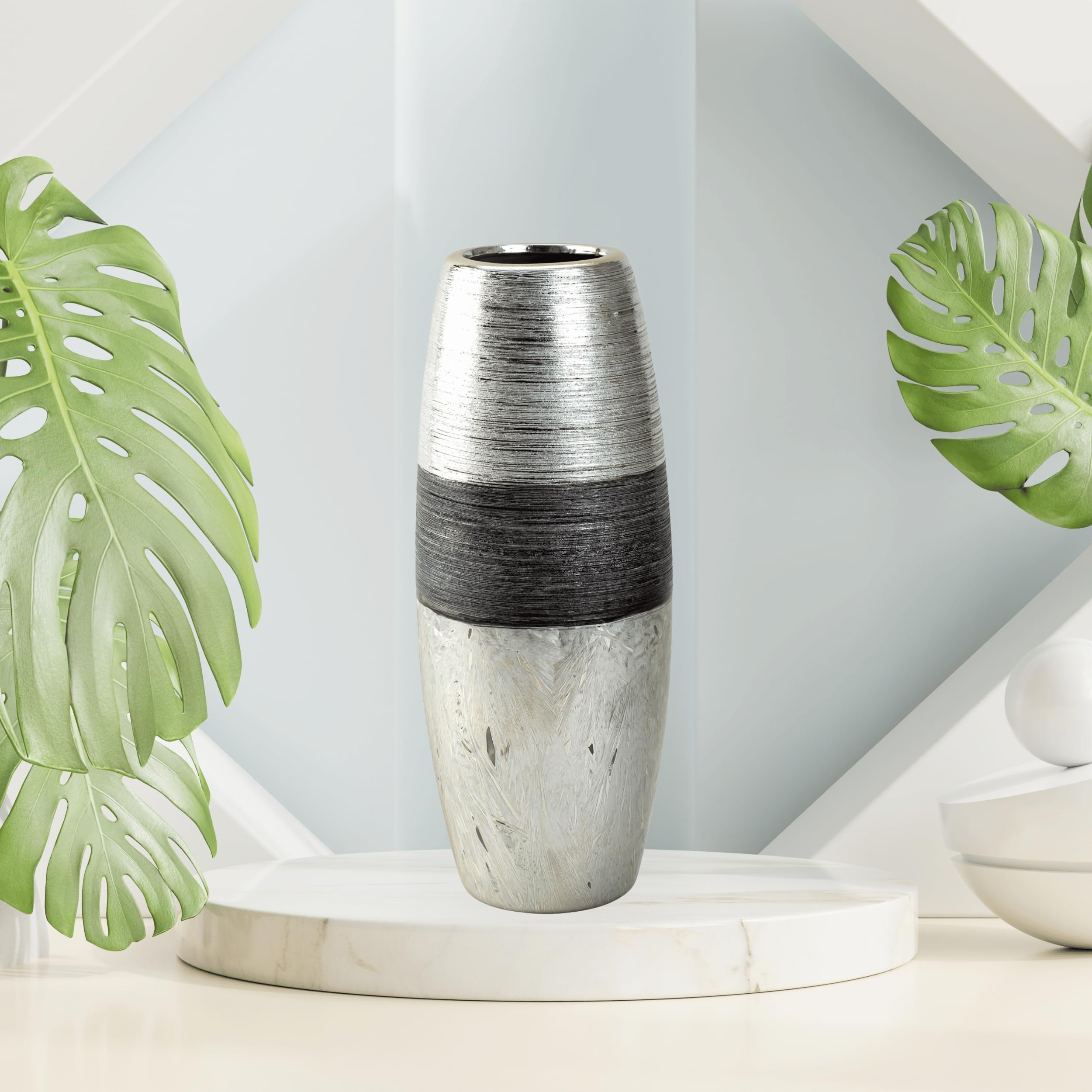 Vaso Da Tavolo Moderno In Ceramica Gilde | Colore Argento/Antracite | Altezza 24,5 Cm | Decorazione Elegante Per Casa E Ufficio