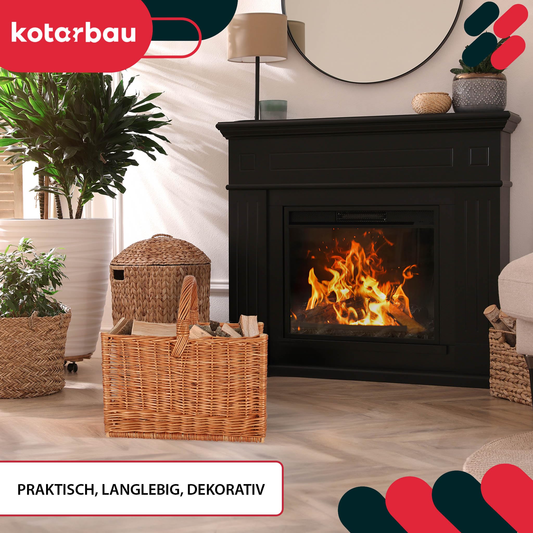 KOTARBAU® Cesta Leña Chimenea - Mimbre - 45 x 29 x 45 cm - Marrón - Capazo para Leña - Cesta de Mimbre - con Asa - Rectangular - Natural - Robusto