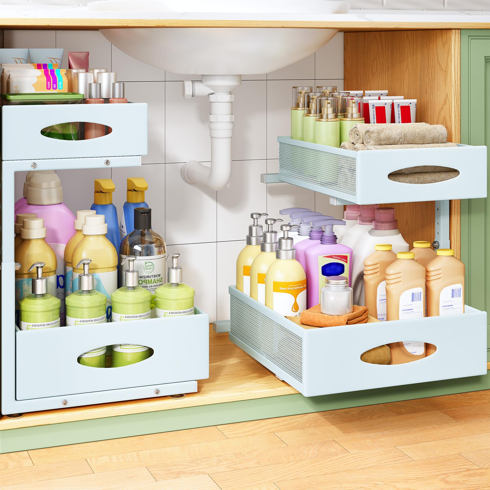 Under Sink Organizer, 2-Pack Pull Out Cabinet Organizer 2 Tier Metal Slide Out Storage Shelf Rack, L-Shaped Adjustable Height,Mesh Sliding Drawer for Kitchen, Bathroom, Laundry, Pantry, Blue, XL